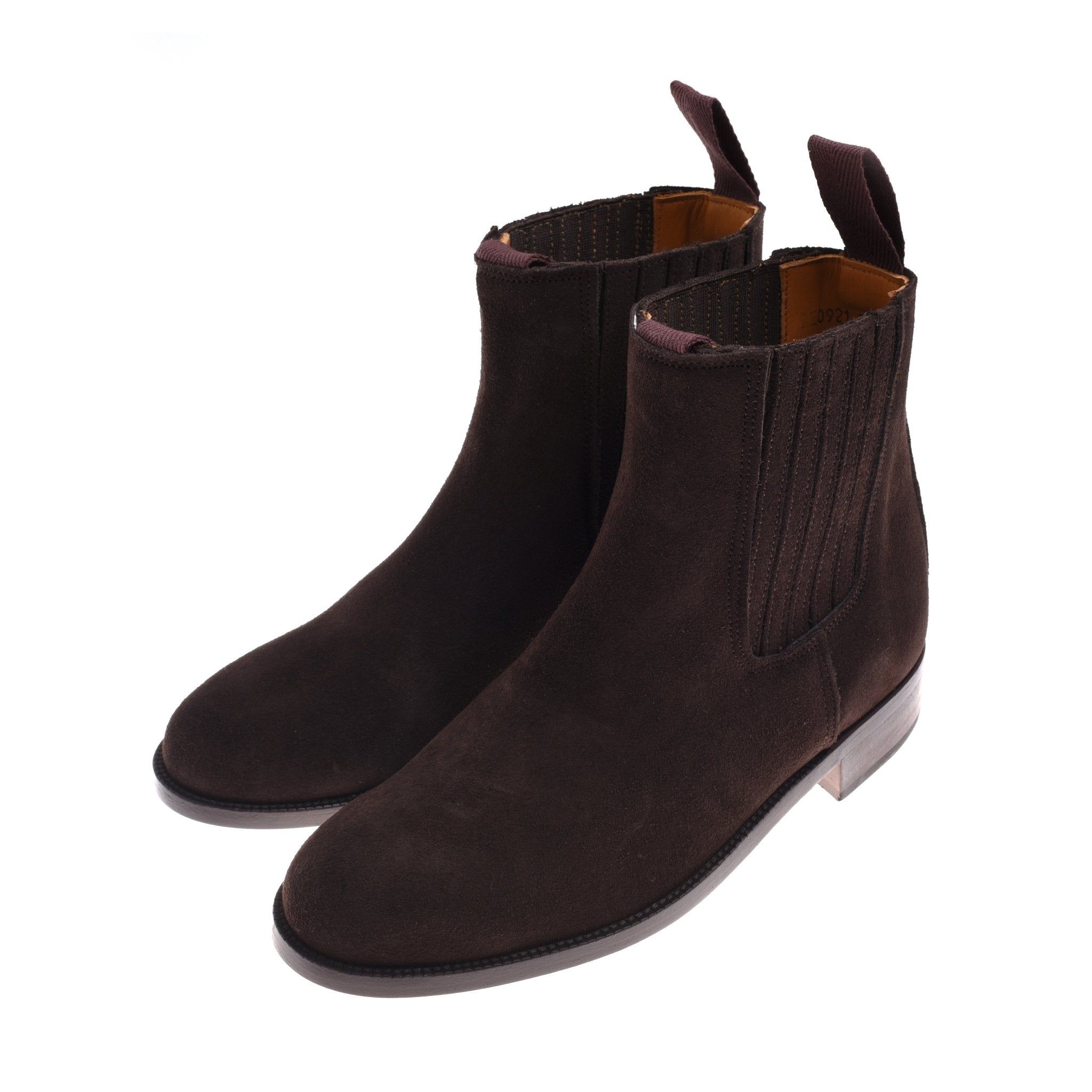 Campbells of Beauly Suede Chelsea Ankle Boots in dark brown, featuring elastic side panels, pull tabs, a sleek design, low wooden heel, and sturdy Commando sole, are shown on a white background.