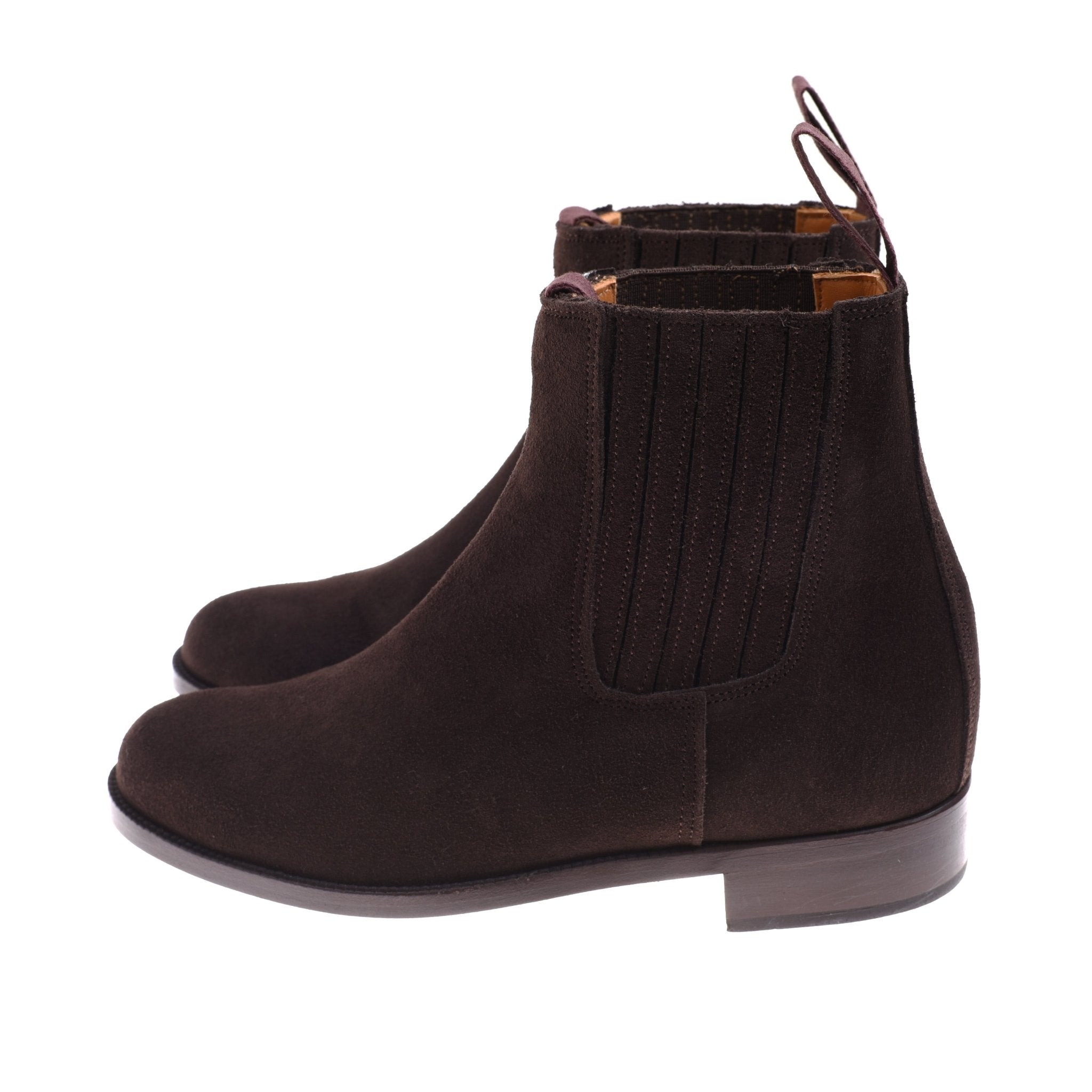 Campbells of Beauly Suede Chelsea Ankle Boots in dark brown feature elastic side panels, pull tabs, and a sturdy Commando sole. Crafted in Northamptonshire, shown in a side profile view.
