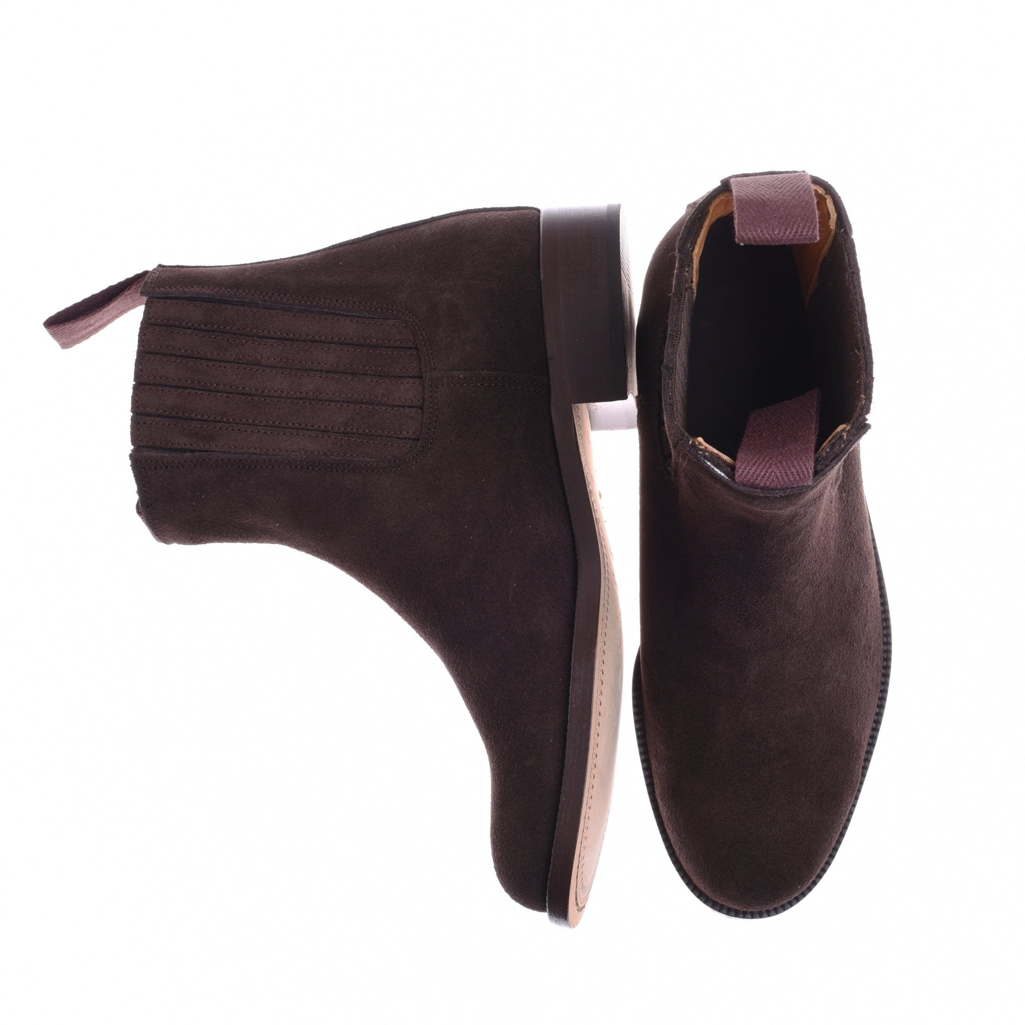 Campbells of Beauly Suede Chelsea Ankle Boots in dark brown, featuring a durable Commando sole; one boot lies on its side while the other stands upright, both shown against a white background.