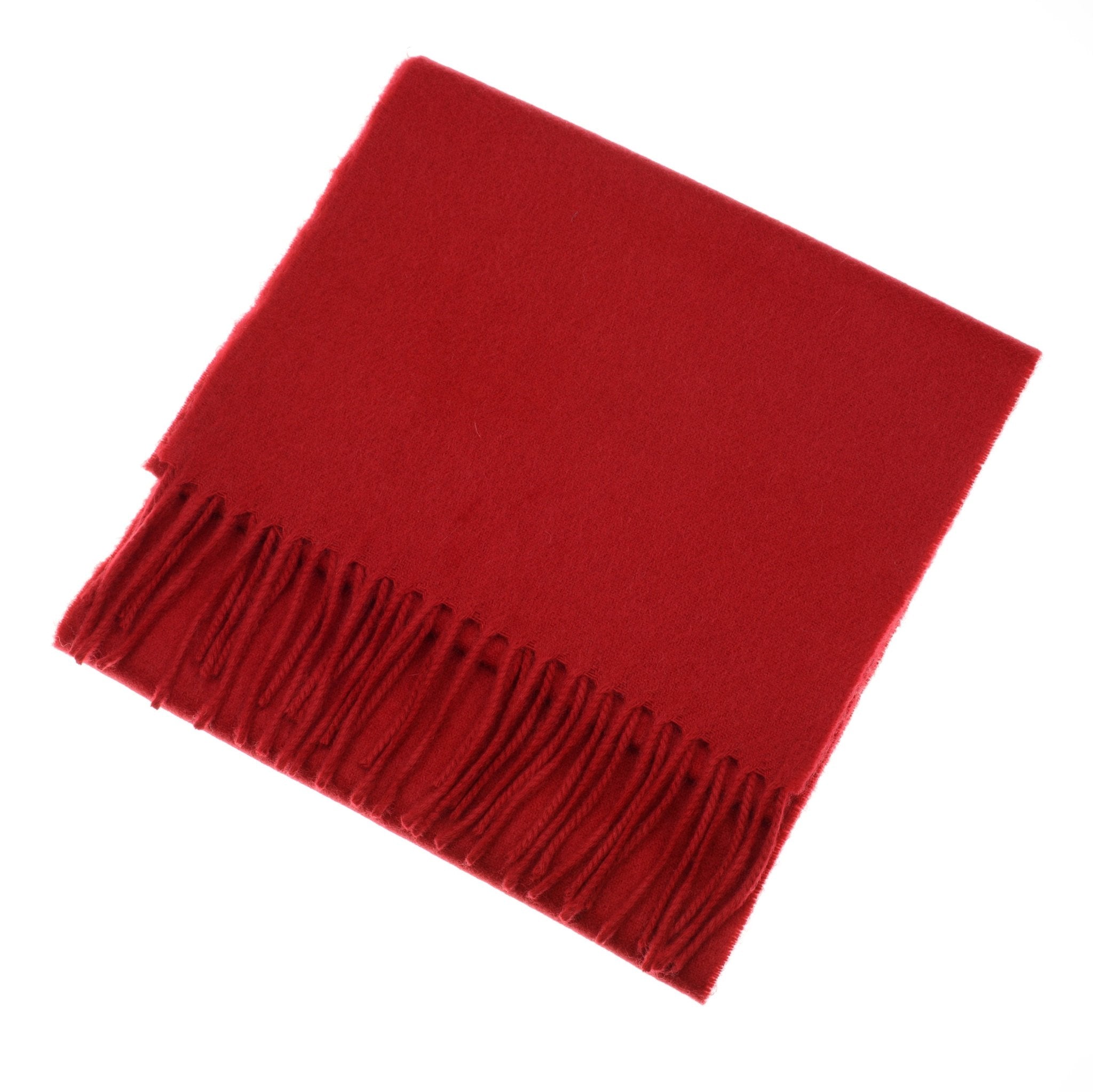 A folded red Unisex Cashmere Scarf by Campbell's of Beauly, featuring fringed ends and displayed on a white background—a luxurious accessory crafted from fine Scottish cashmere.