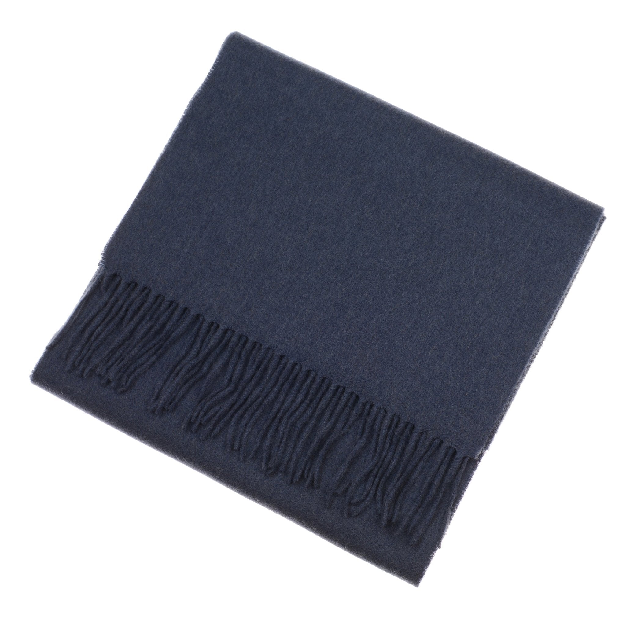 The Unisex Cashmere Scarf by Campbell's of Beauly, a dark blue accessory with fringe on one edge, is elegantly displayed on a white background.