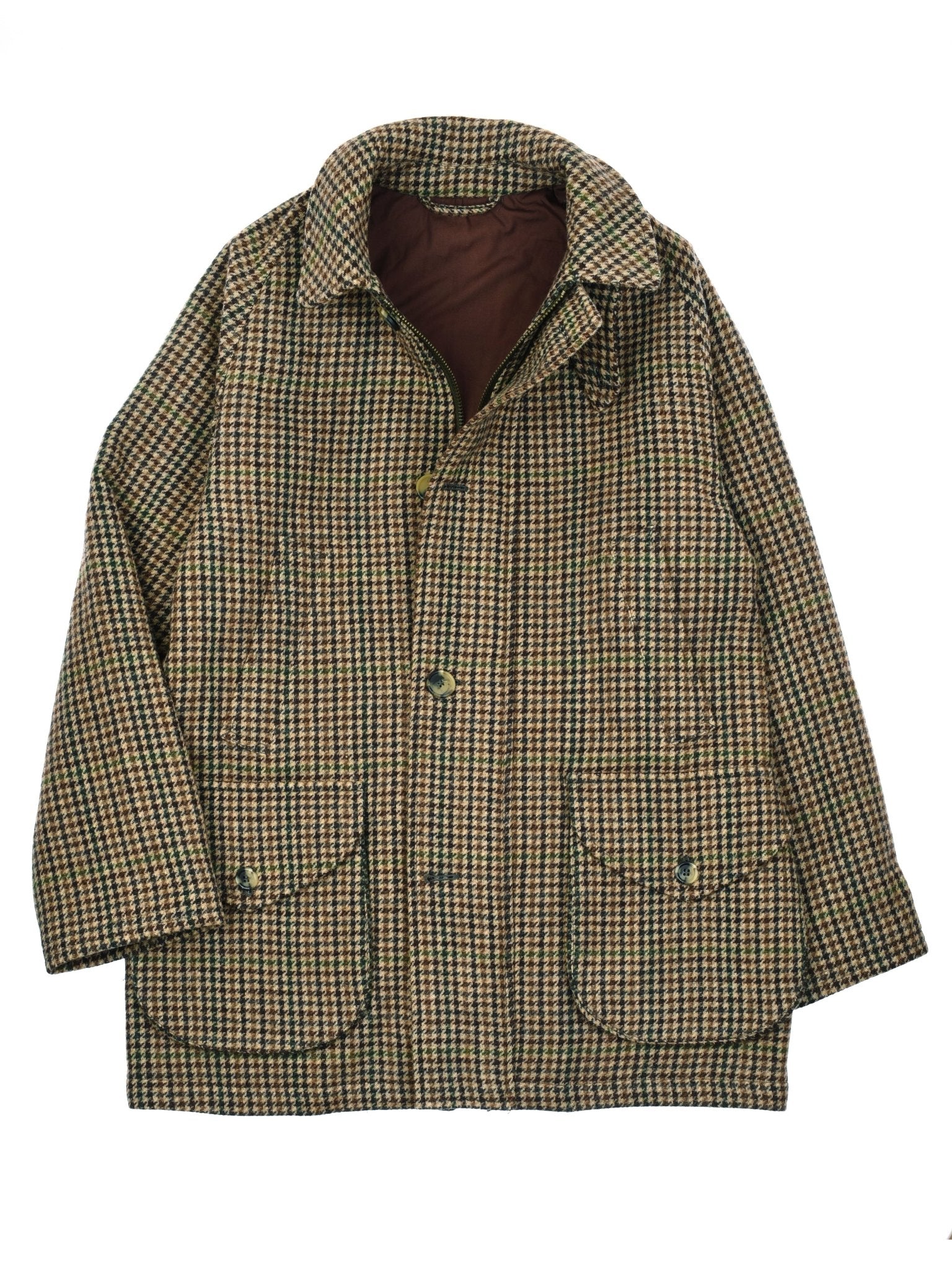 The Campbell's of Beauly Cannich Coat is a brown and green houndstooth wool field coat with a collar, front buttons, and two large front pockets, shown flat on a white background—ideal for classic country style.