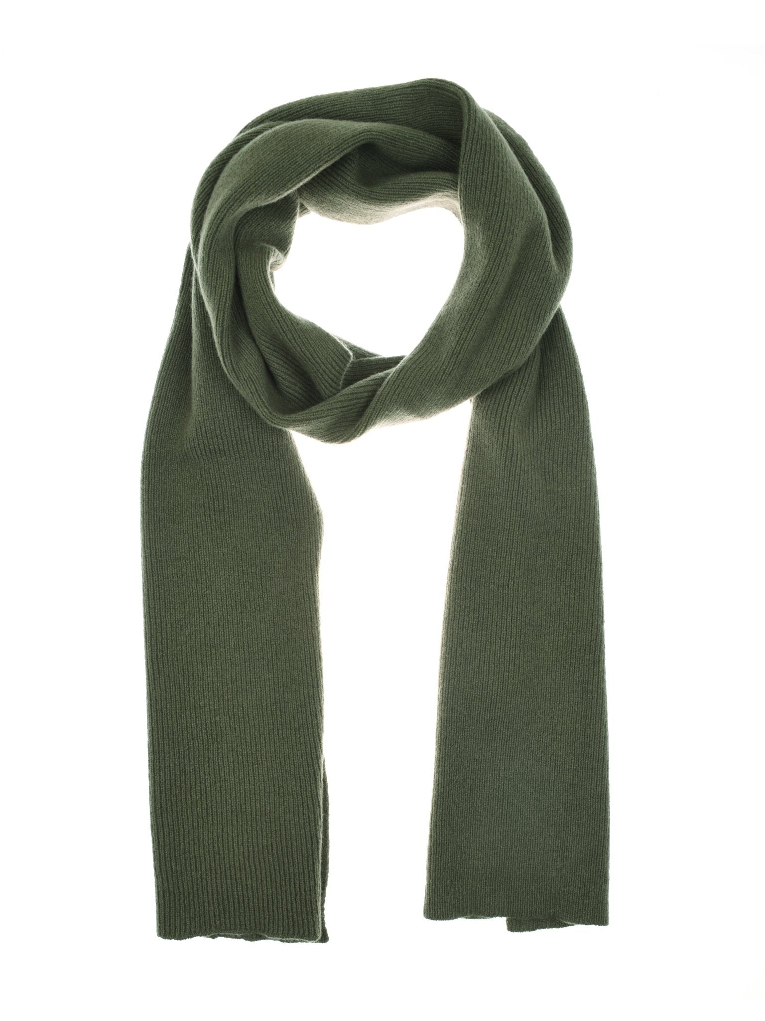 The Campbell’s of Beauly Lambswool Rib Scarf in olive green features a soft texture and classic rib knit—an essential winter accessory for warmth and style.
