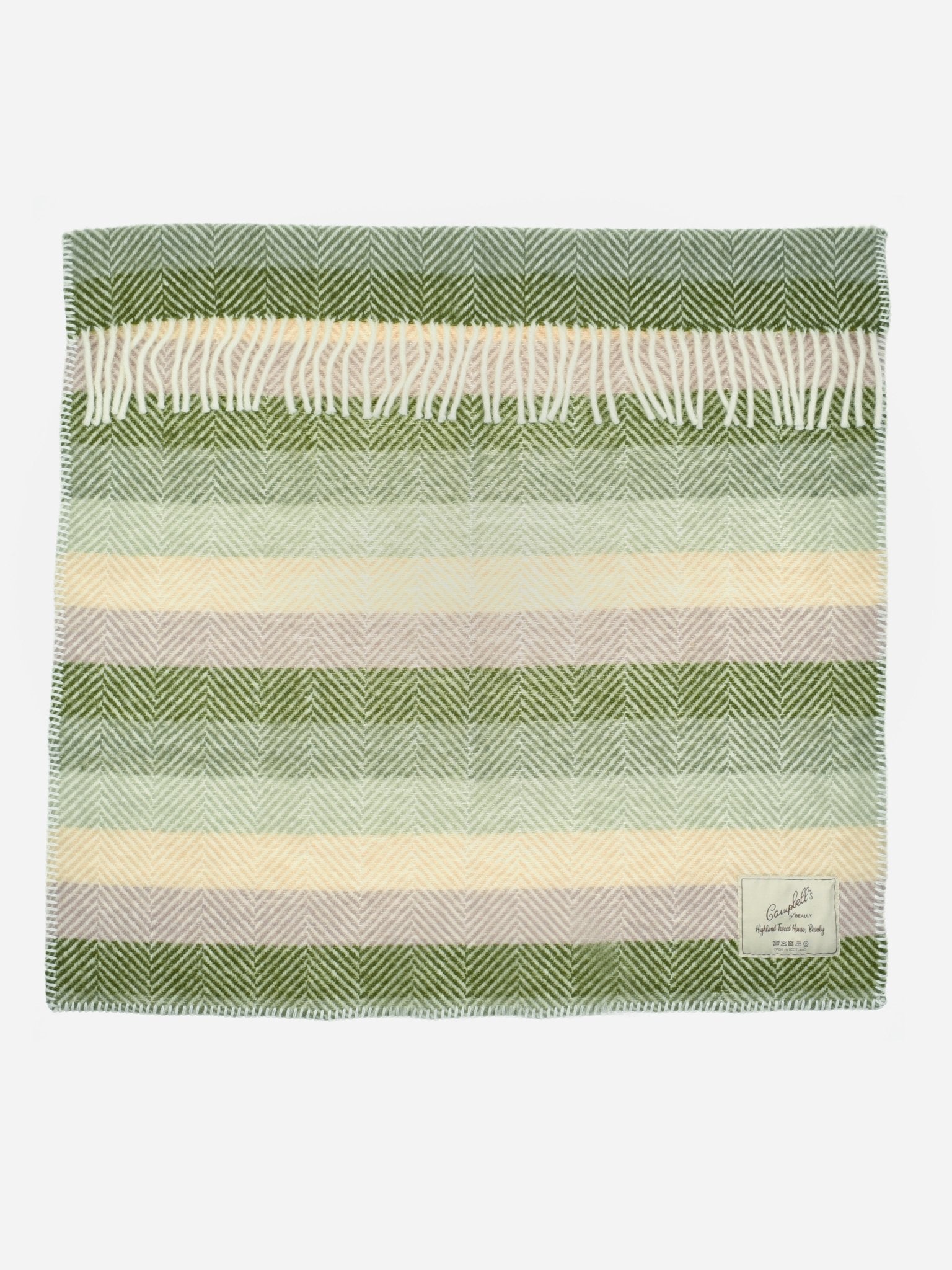 Campbell's of Beauly Baby Blanket: a folded wool pram blanket with green, beige, and gray herringbone pattern, fringe on one edge, and branded fabric label—lightweight and breathable for your baby.