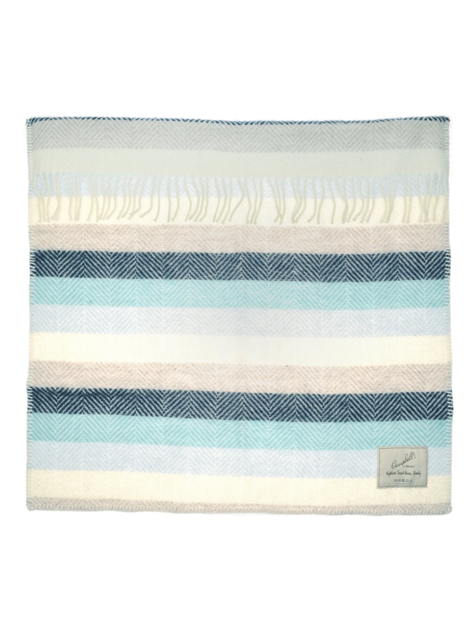 The Campbell's of Beauly Baby Blanket is a lightweight rectangular wool pram blanket with blue, cream, and beige stripes, fringed edges on one side, and a corner label—ideal for year-round comfort.