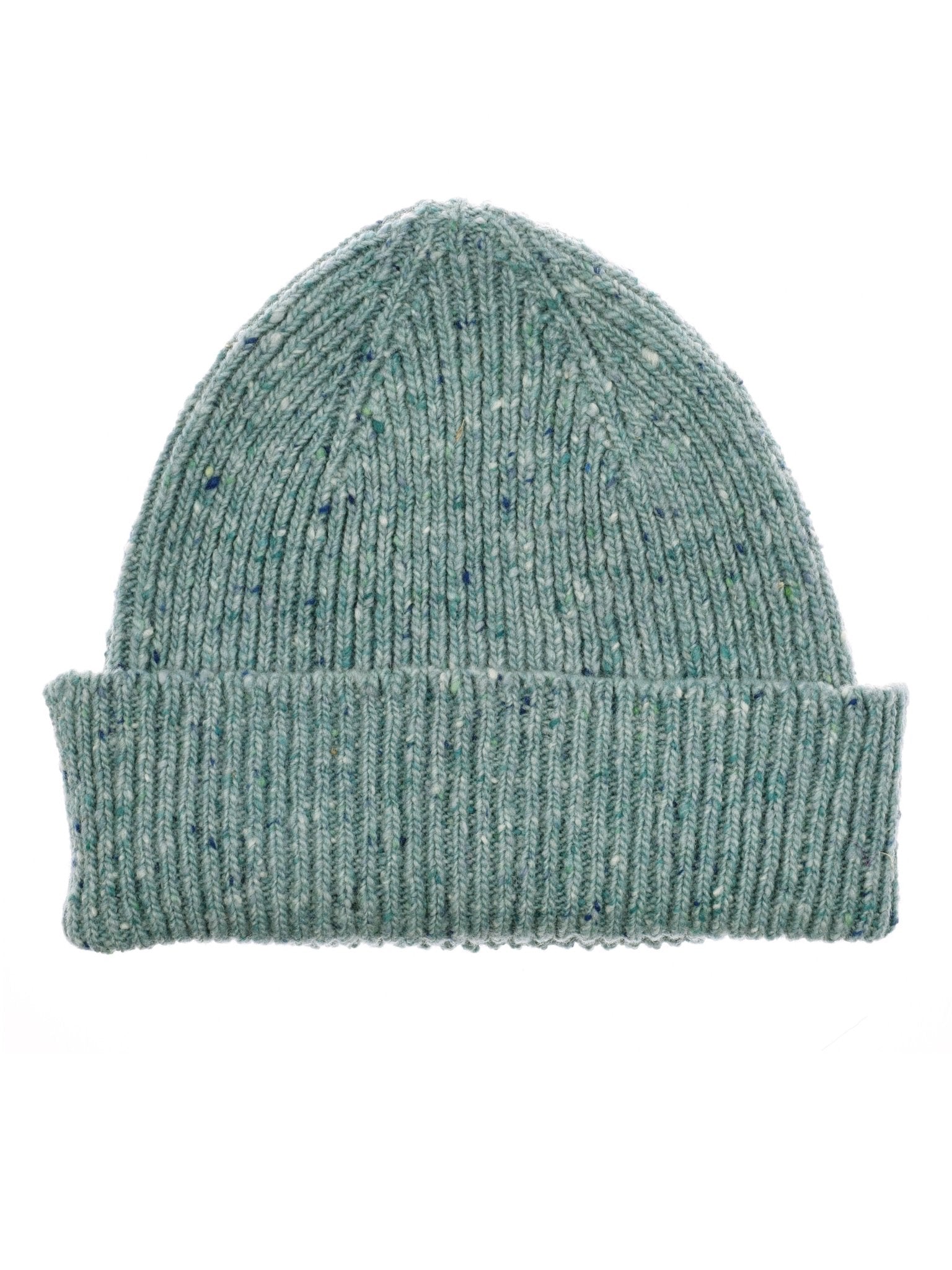 A light teal Donegal Beanie by Campbell's of Beauly, featuring a folded brim, ribbed pattern, and subtle flecked yarns, shown on a white background.