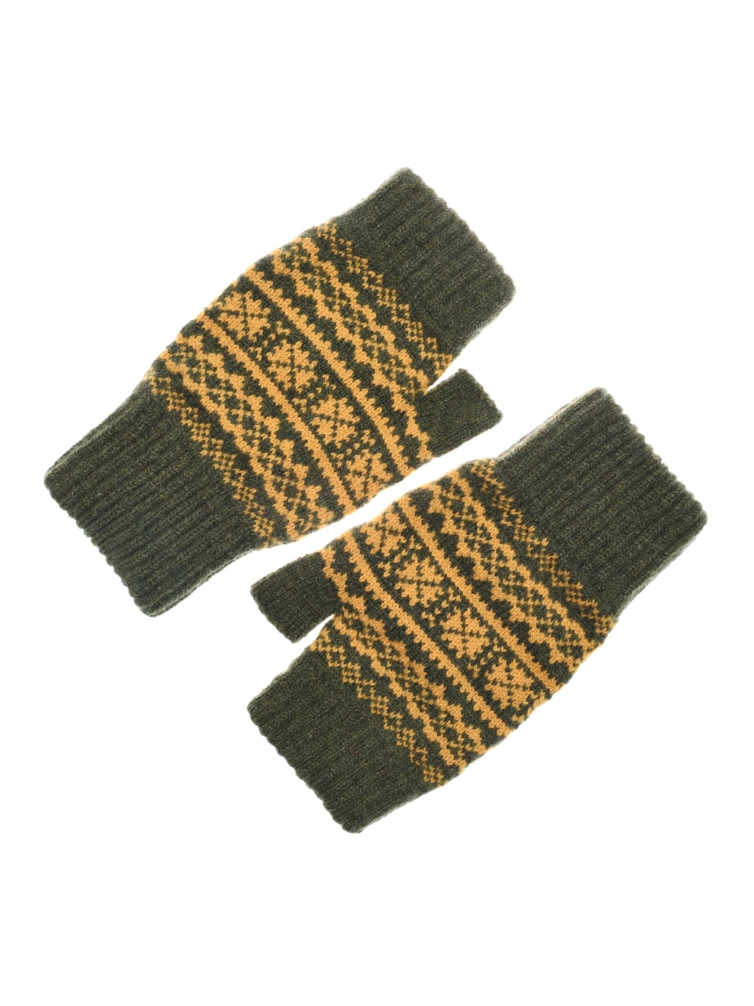 Campbells of Beauly Two-Colour Fairisle Half Finger Gloves in Loden, featuring a dark green base with a yellow fairisle pattern, are shown laid flat on a white background.
