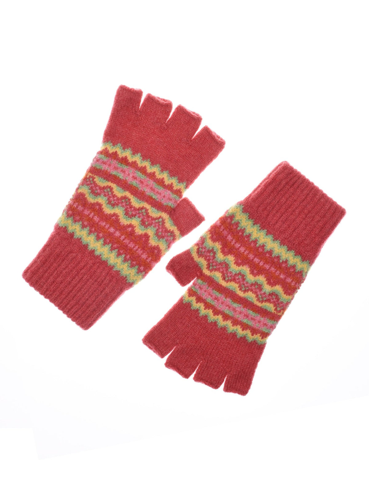 The Auld Stock Lambswool Fairisle Half-Finger Gloves by Campbell’s of Beauly, in Rosewood, feature vibrant Fairisle patterns in yellow, green, and pink across the middle, showcasing classic Scottish knitwear. Displayed on a white background.