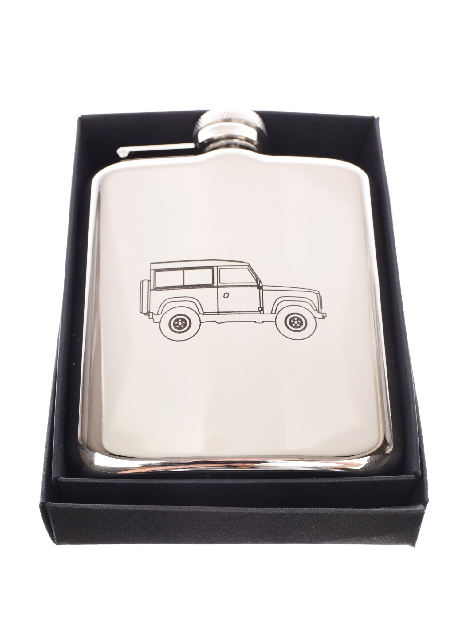 The Campbell's of Beauly Land Rover Defender Hip Flask is a stainless steel flask engraved with an off-road vehicle outline, inspired by the Defender, and comes elegantly presented in a black gift box.