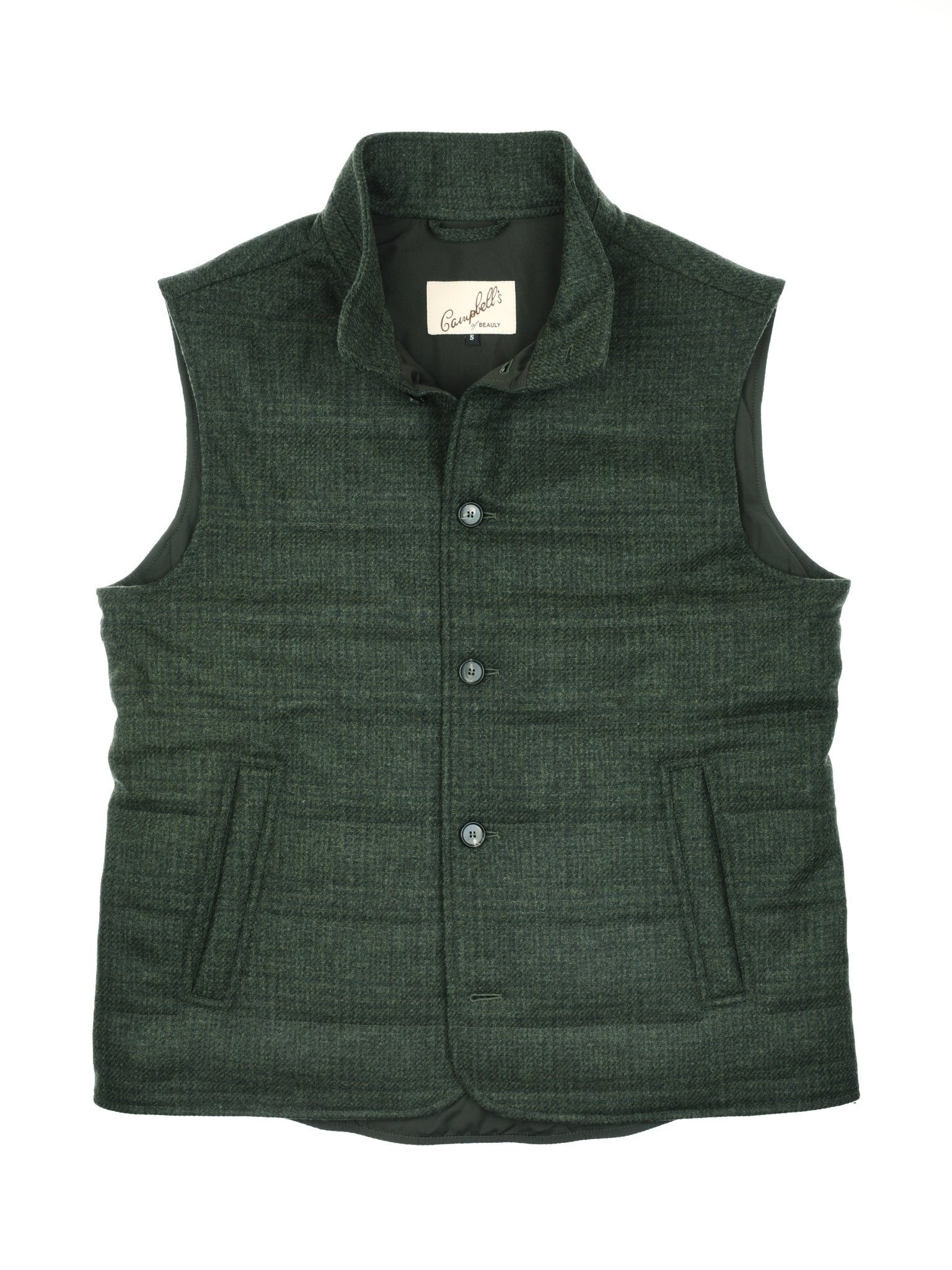 The Auld Stock Quilted Tweed Buttoned Gilet by Campbell's of Beauly is a dark green, sleeveless vest with a stand-up collar, front buttons, and two side pockets—ideal for layering on colder days.