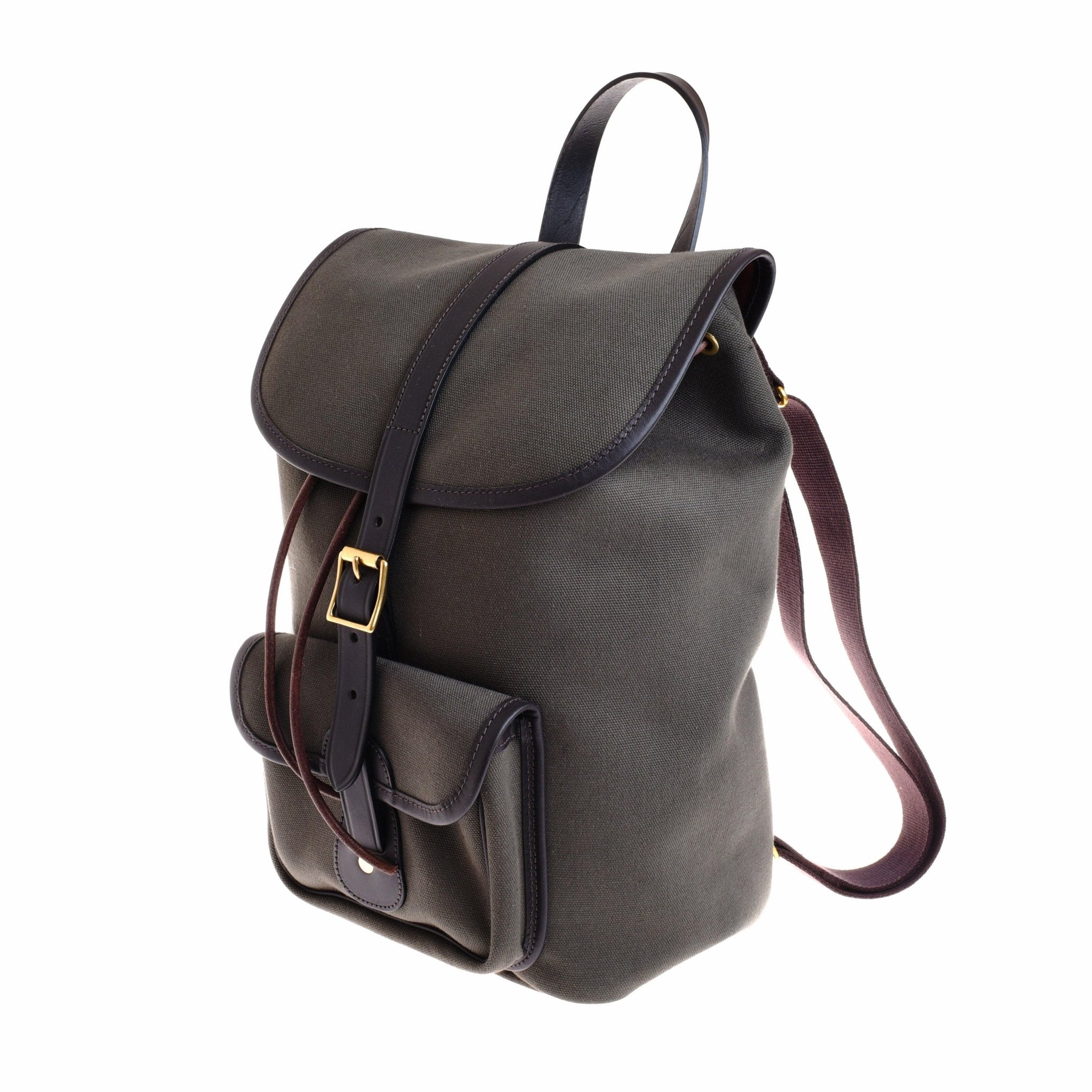 The Campbell's of Beauly Canvas Rucksack in dark olive green features a front pocket, black leather trim, gold buckle closures, and adjustable shoulder straps, shown against a white background.