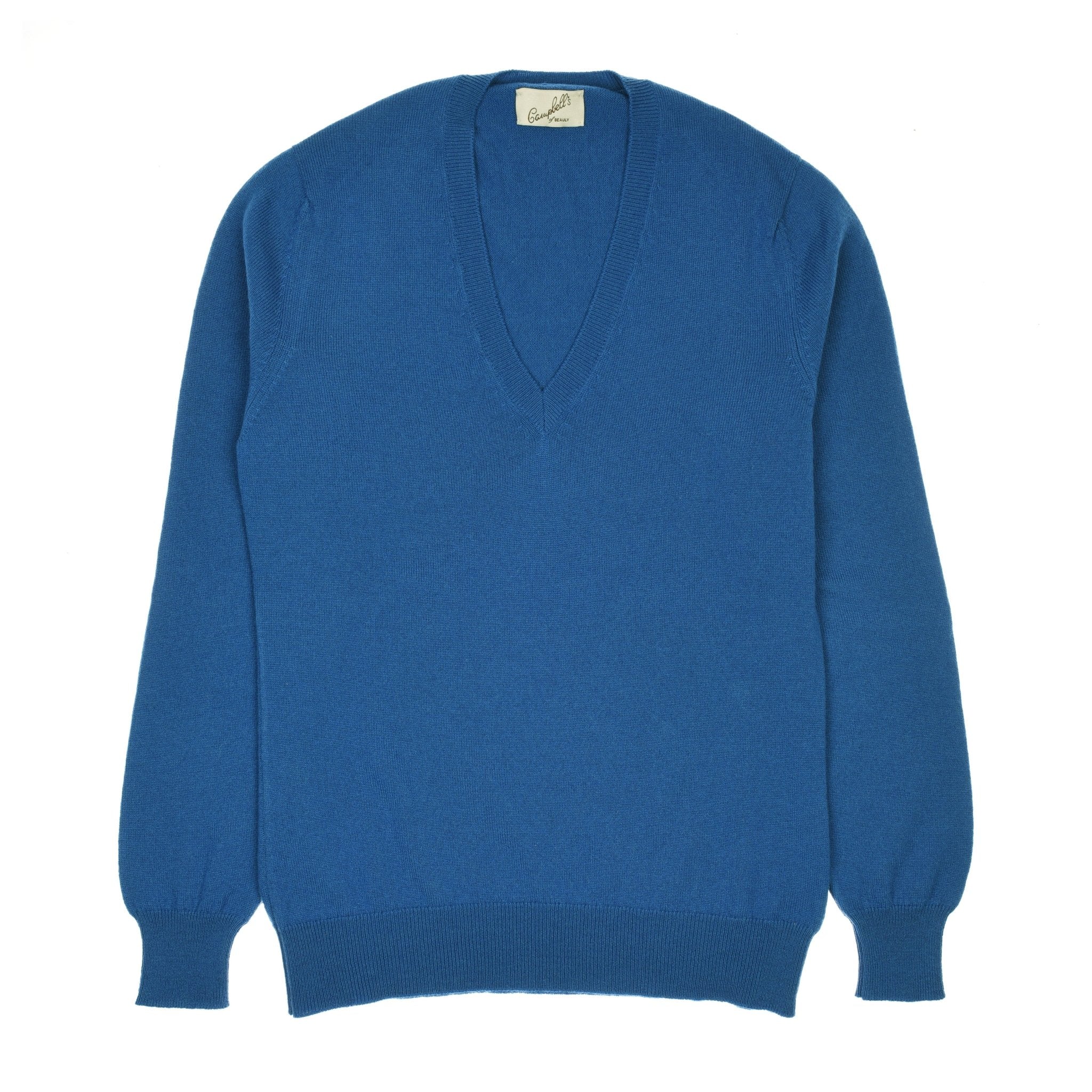 The Campbell's of Beauly Auld Stock Cashmere V-Neck Jumper in blue features a slim fit with ribbed cuffs and waistband, shown laid flat on a white background.