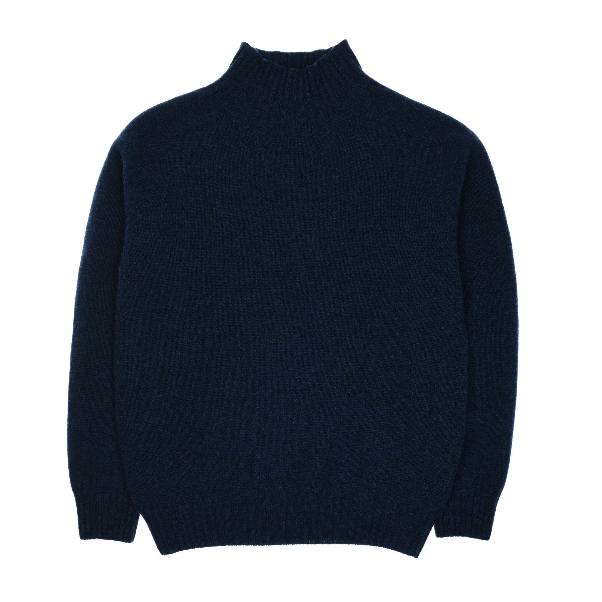 Campbells of Beauly Geelong Lambswool Funnel Neck in Navy—a Scottish-made, long-sleeved sweater with a high ribbed funnel neck, ribbed cuffs and hem, shown flat on a white background.