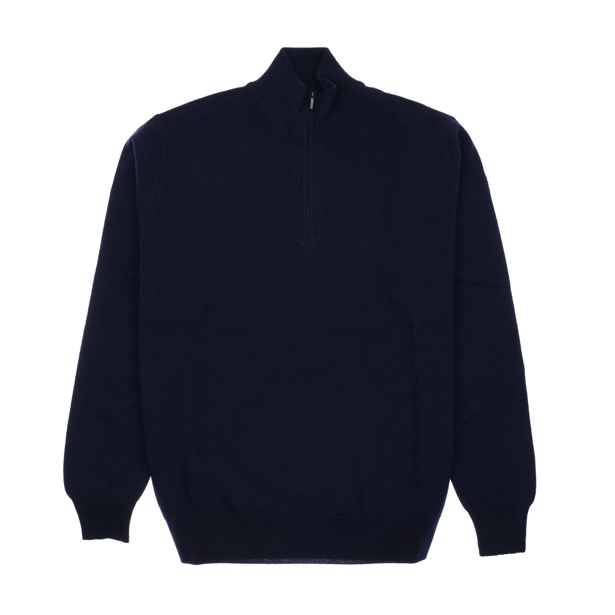 A Merino & Cashmere Quarter Zip Jumper by Campbell's of Beauly in navy blue, featuring a ribbed collar and cuffs.