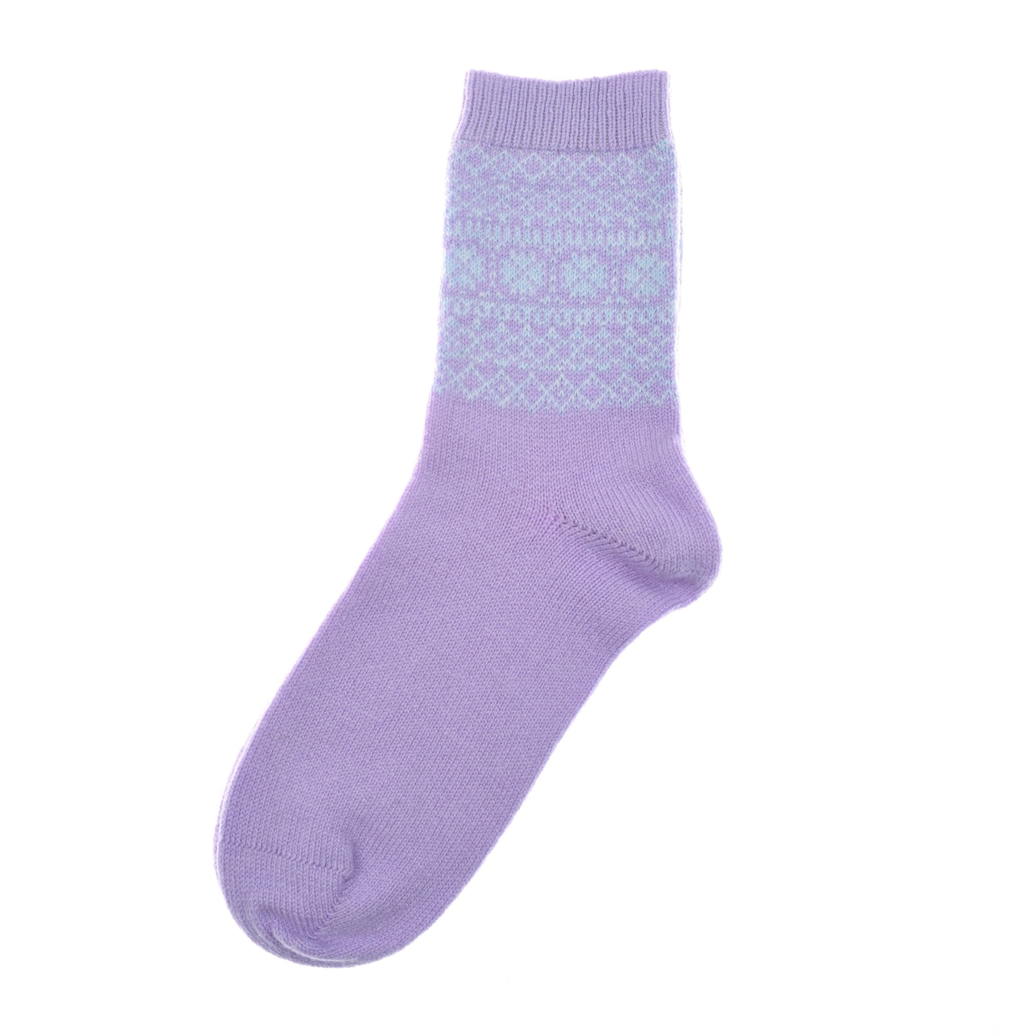 A single Campbell's of Beauly Two-Colour Fairisle Cashmere Sock in lavender with a light blue geometric and dotted ankle pattern, shown on a white background.