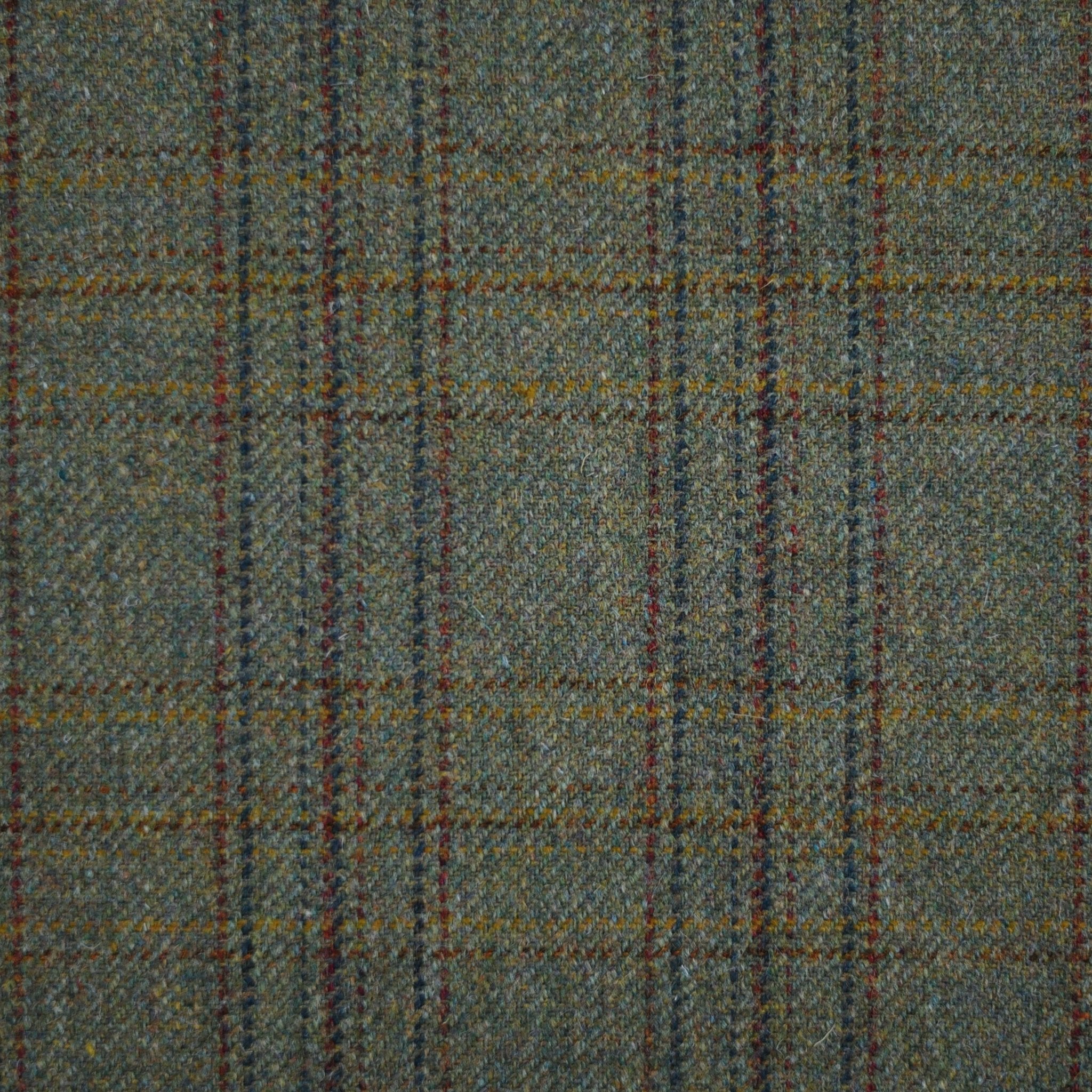 Close-up of House Tweed 57912 by Campbell's of Beauly, featuring a textured plaid weave with vertical and horizontal lines in green, brown, yellow, and red on a muted greenish-gray background, showcasing traditional Scottish craftsmanship.