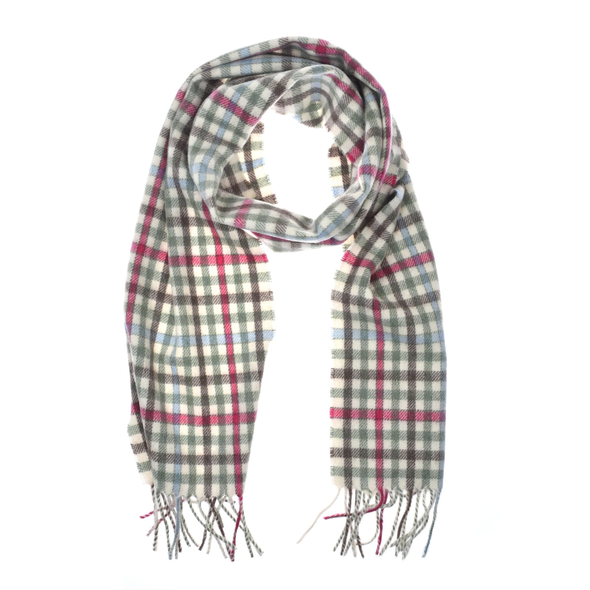 The Campbell's of Beauly Unisex Cashmere Scarf showcases a gray, white, red, and blue plaid pattern with fringed ends and a subtle curve, displayed flat on a white background.