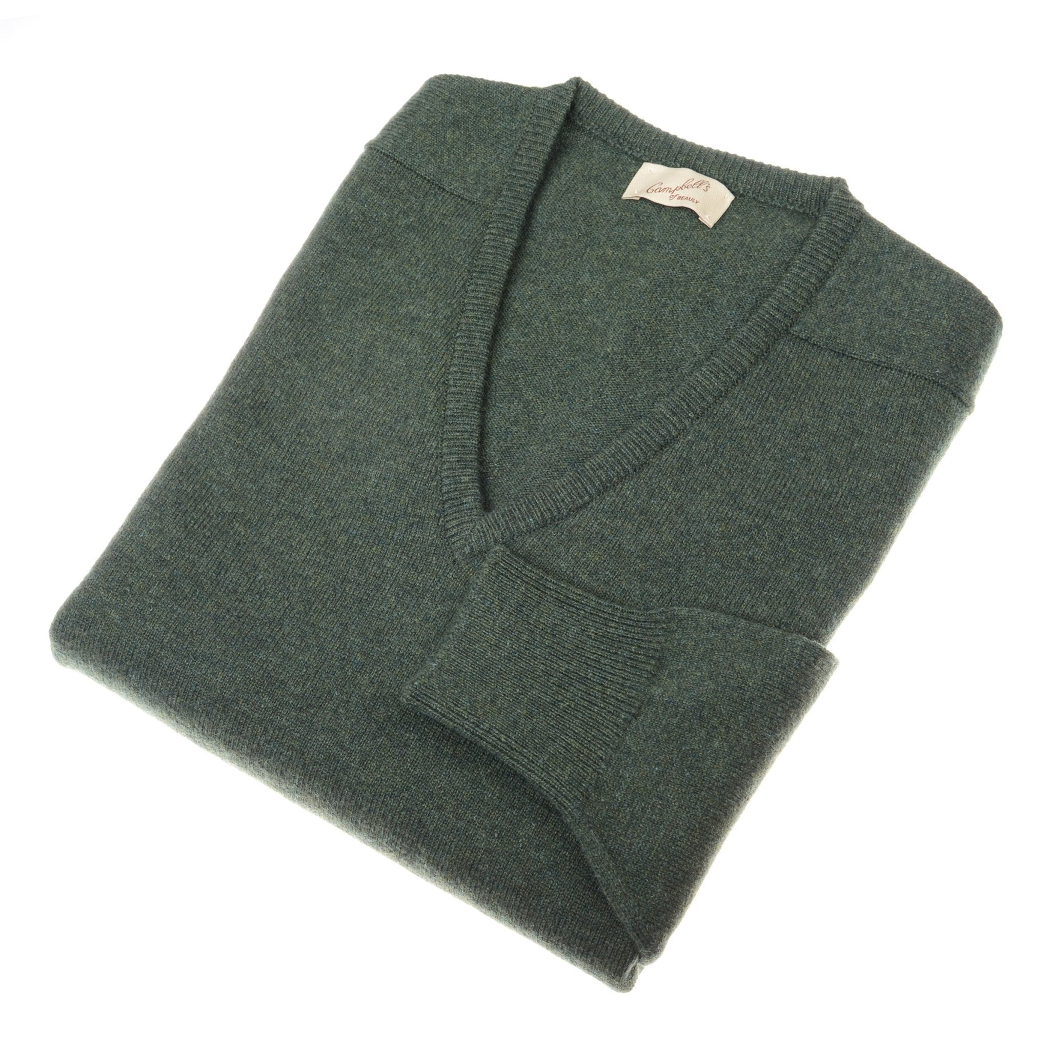 A folded dark green Lambswool V-Neck Jumper by Campbell's of Beauly features a white tag and is made in Scotland.