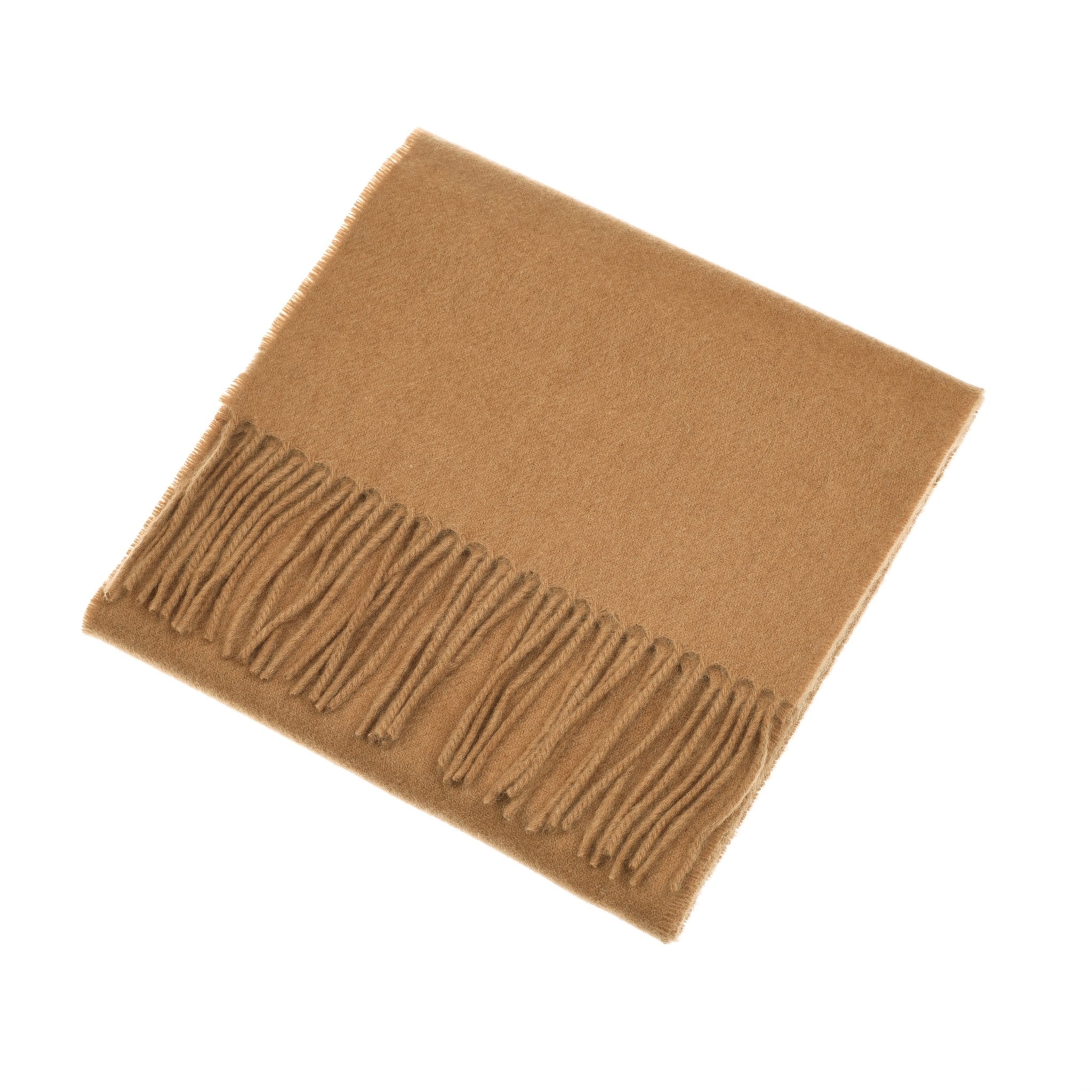 The Unisex Cashmere Scarf by Campbell's of Beauly features a light brown hue, soft Scottish cashmere, and long fringe on one edge—an elegant accessory, shown folded on a white background.