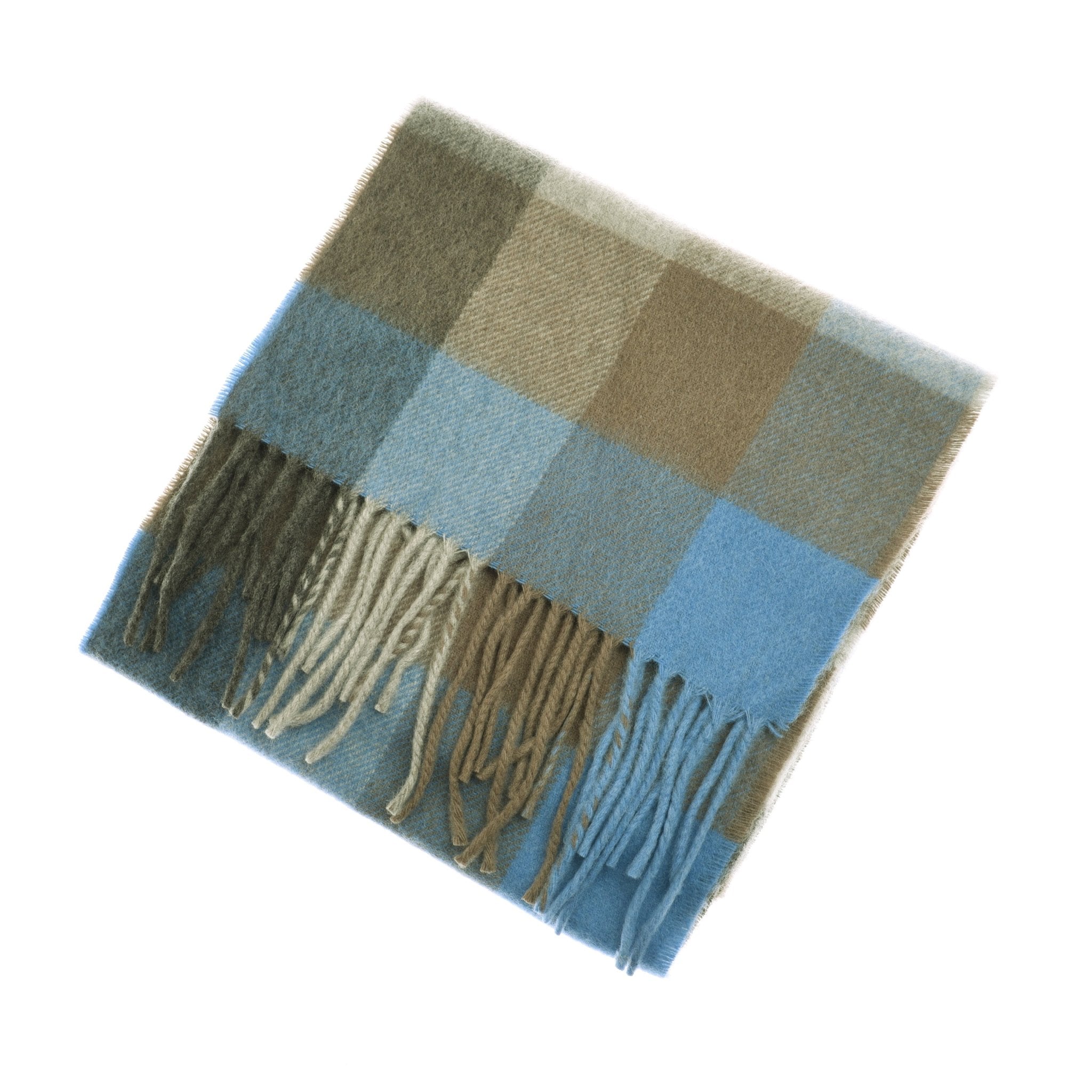 The Unisex Cashmere Scarf by Campbell's of Beauly, featuring a blue, beige, and green checkered pattern with long fringe, is elegantly displayed on a white background.