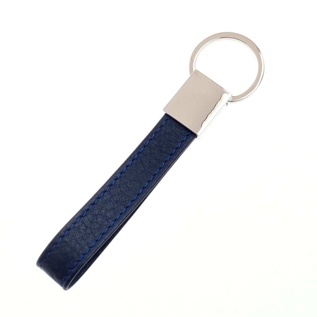 The Campbells of Beauly Leather Loop Keyring features a navy leather-like strap with blue stitching and a stainless steel ring and clasp, shown on a white background.