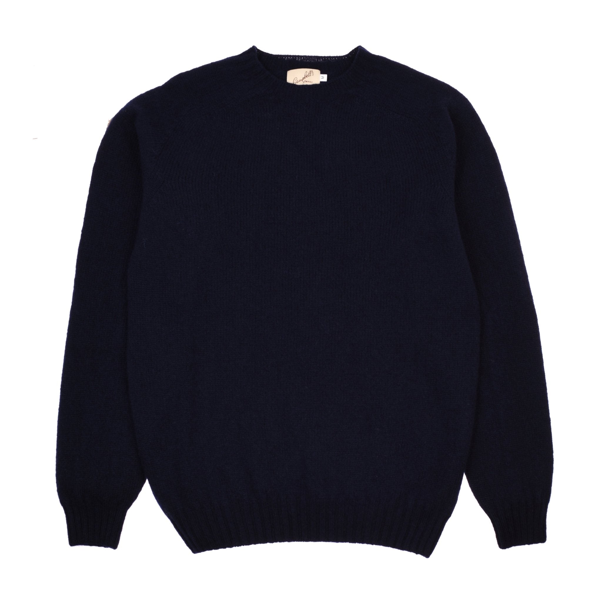 The Campbell's of Beauly Shetland Jumper is a plain, long-sleeved lambswool sweater in dark navy blue with a round neck, ribbed cuffs and hem, shown laid flat on a white background.