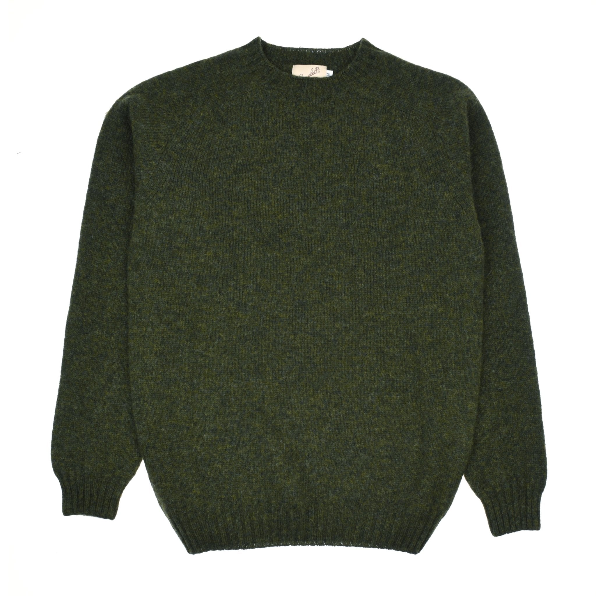 The Shetland Jumper by Campbell's of Beauly is a dark green lambswool sweater with long sleeves, a crew neckline, and ribbed cuffs and hem, shown laid flat on a white background.
