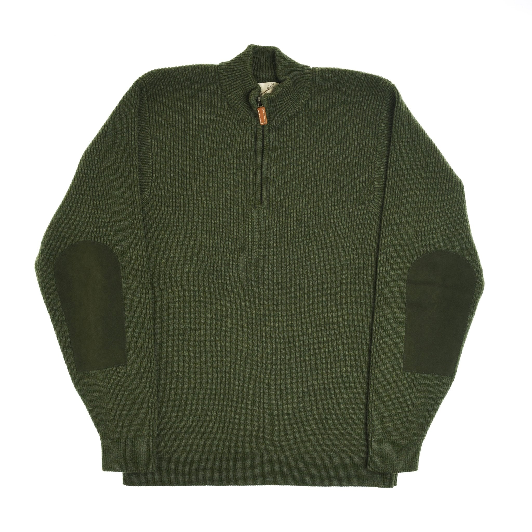 The Campbells of Beauly Shooter Quarter Zip Jumper with Patches in forest green, made from soft lambswool yarn, features a half-zip collar and suede elbow patches and is shown laid flat on a white background.