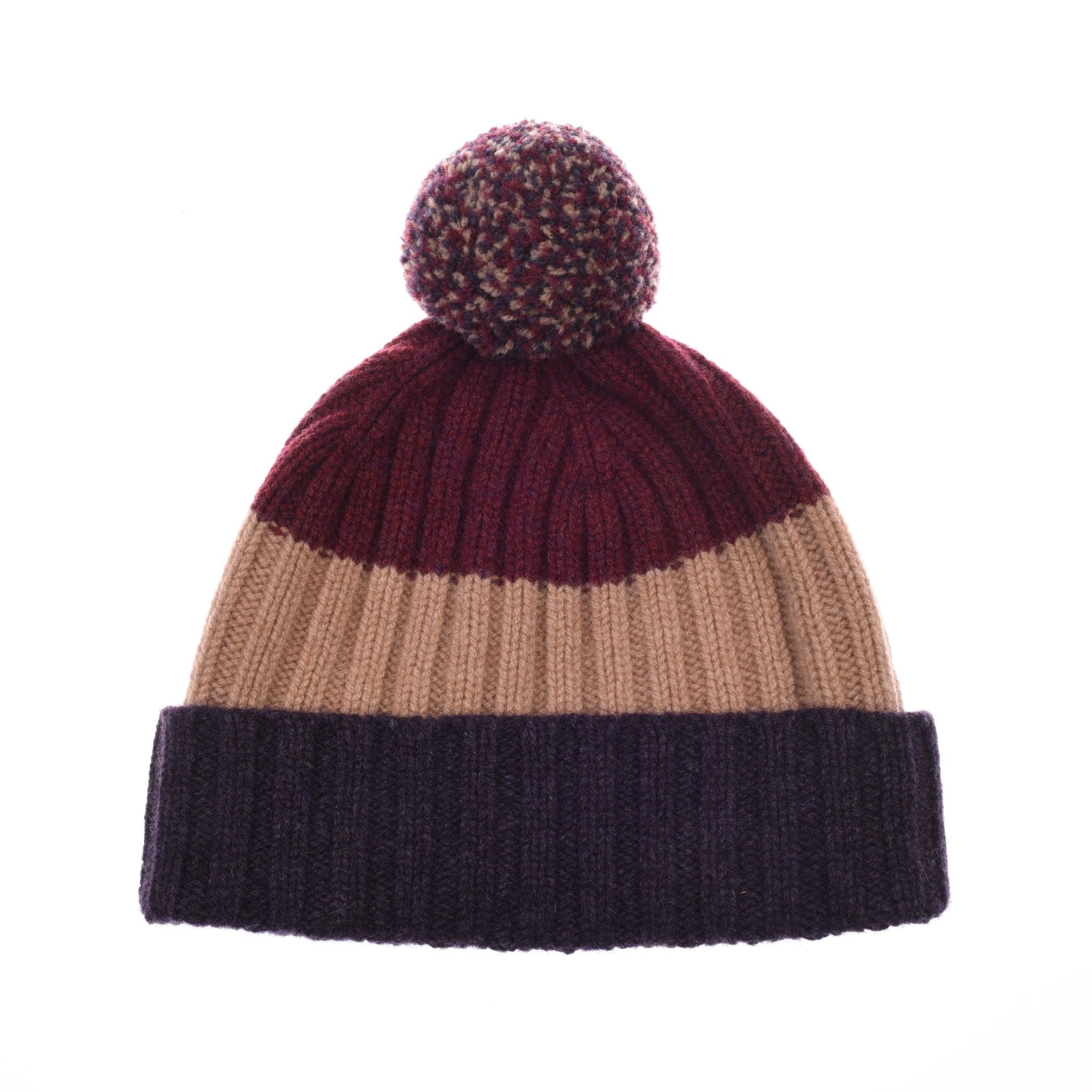 The Campbell's of Beauly Auld Stock Lambswool Stripe Hat with Pom-Pom features three horizontal bands—dark red, tan, and dark purple—drawing inspiration from Scottish knitwear for a cozy look.