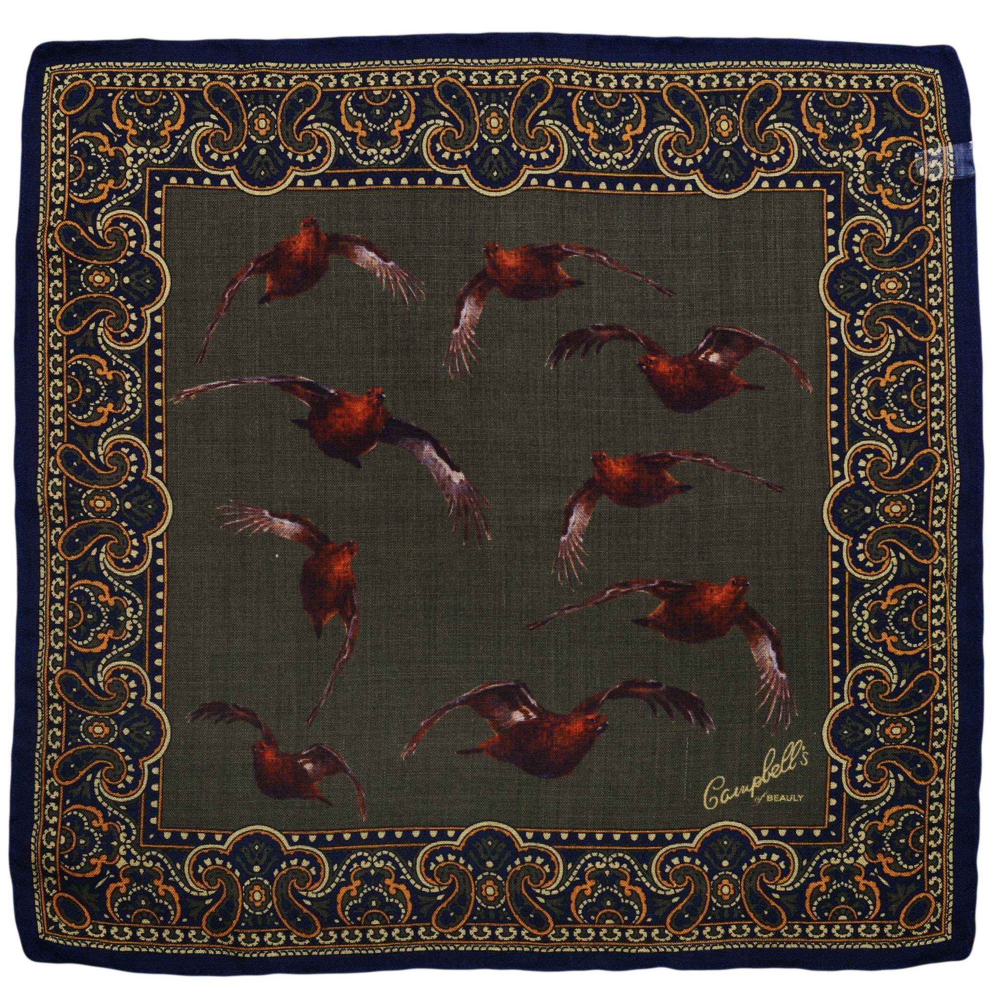 A luxury accessory from Campbells of Beauly, this Wool & Silk Scarf features Italian craftsmanship, a gold and navy border, olive green center with nine brown game birds in flight, and elegant gold script in the lower right corner.