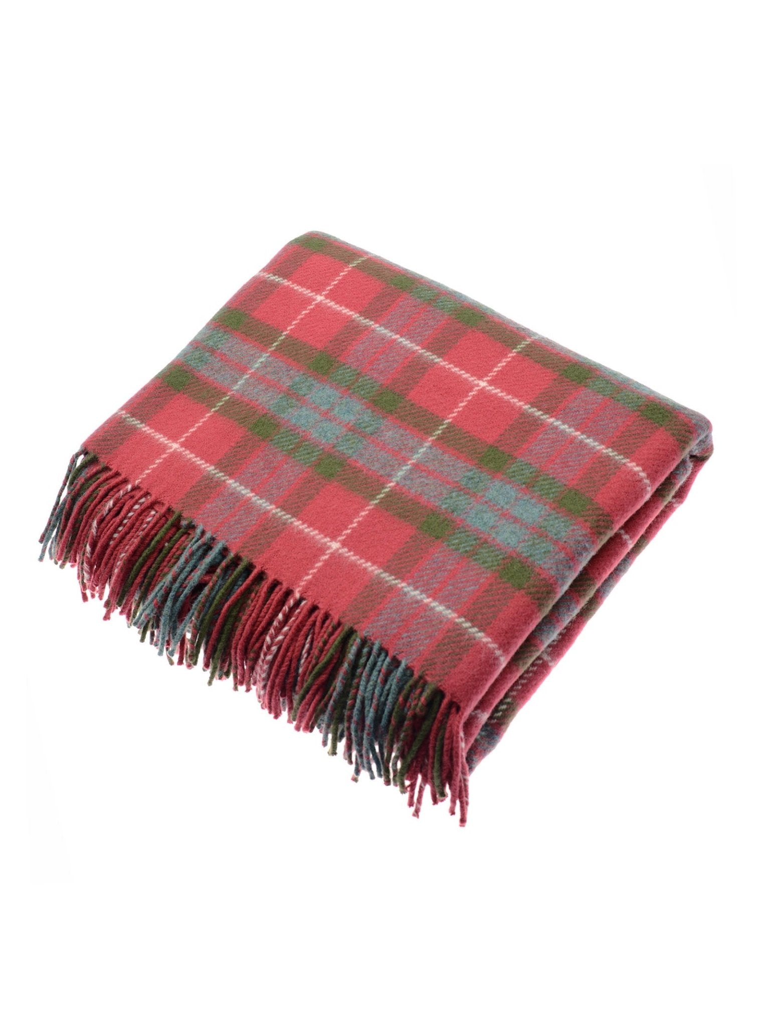 A folded Limited Edition Fraser Red Weathered Lambswool Throw by Campbell’s of Beauly, featuring green and gray plaid with fringed edges, displayed on a white background.