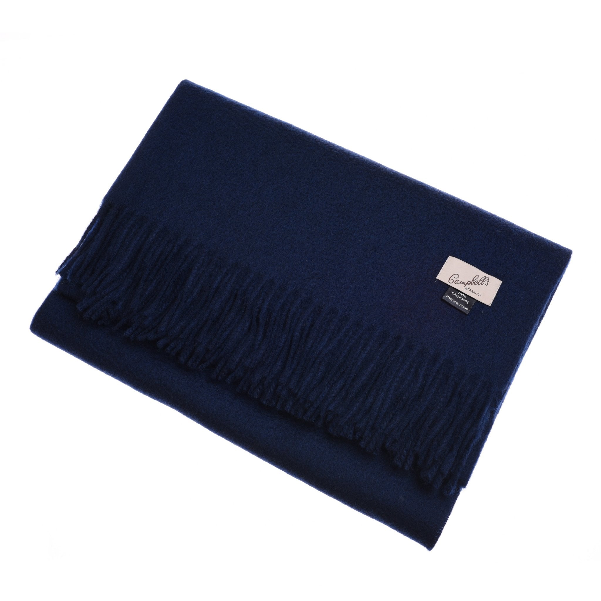 A neatly folded dark blue Cashmere Stole by Campbell's of Beauly, featuring fringed edges and a rectangular label, displayed on a white background.