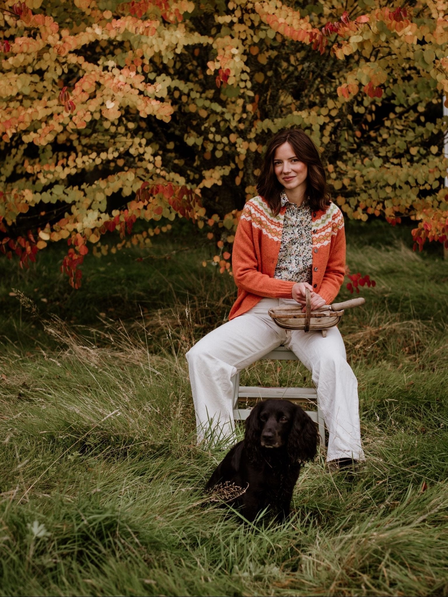 A woman in a Campbell's of Beauly Auld Stock Shetland Fairisle Cardigan and an orange sweater sits on a chair in tall grass holding antlers, with a black dog at her feet under a tree with vivid yellow and orange autumn leaves.