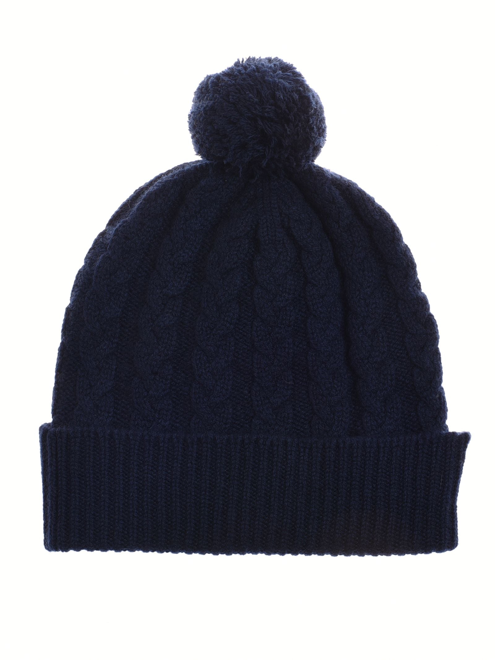 The Chunky Cable Cashmere Hat with Pom Pom by Campbell's of Beauly is a dark blue cable knit beanie with a folded brim and large pom-pom, shown against a white background.