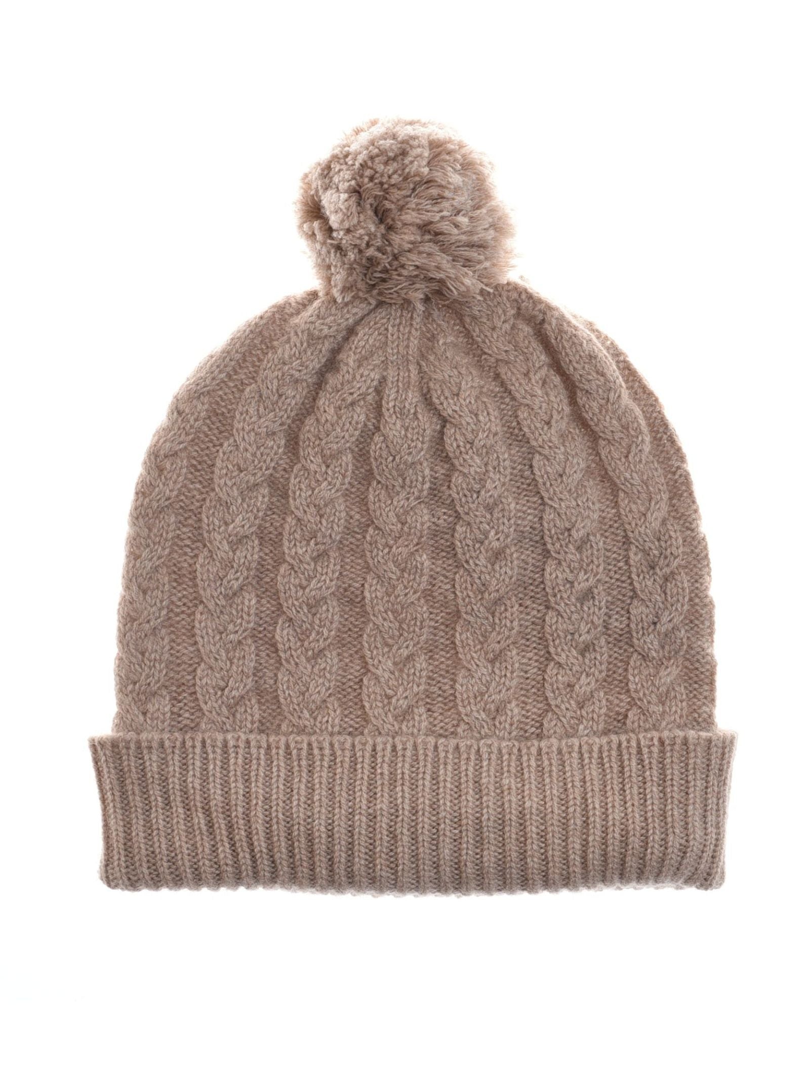The Chunky Cable Cashmere Hat with Pom Pom by Campbell's of Beauly is a beige cable knit beanie with a folded ribbed brim and fluffy pom-pom, shown against a white background.