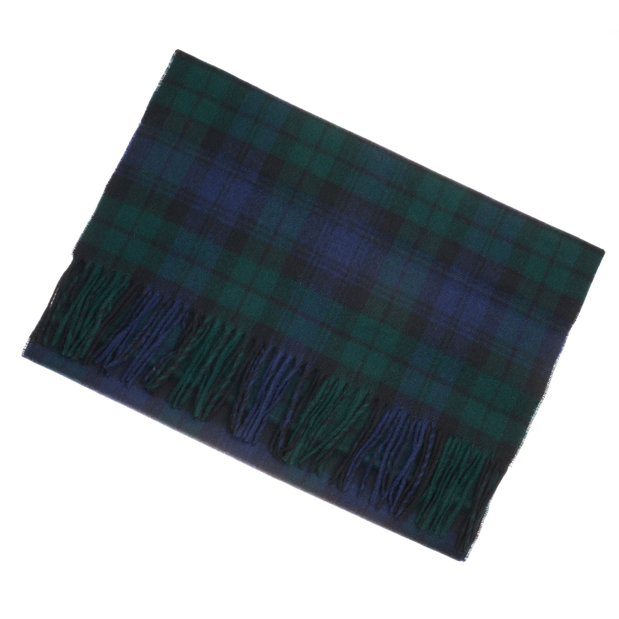 The Cashmere Stole by Campbells of Beauly, featuring a blue and green tartan pattern with fringed ends, is crafted from the finest cashmere yarns and lies flat on a white background.
