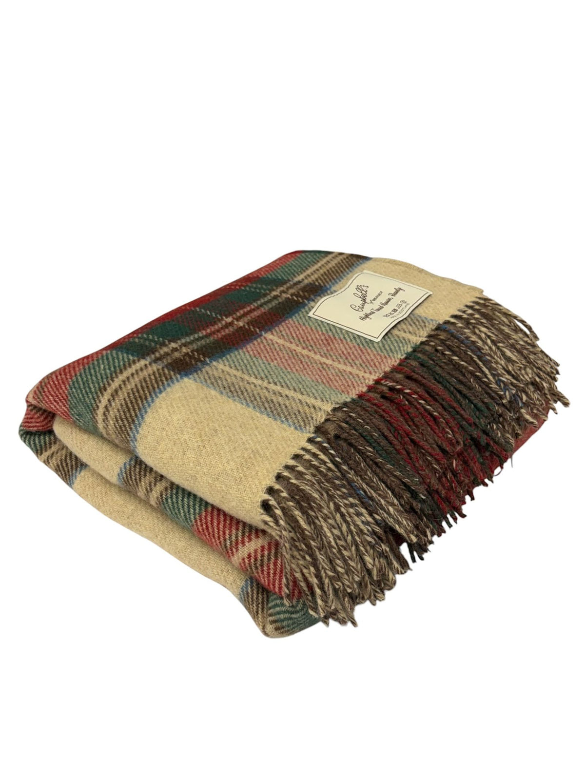 Folded Campbell’s of Beauly Double-Faced Tartan Throw with fringe and a fabric label.