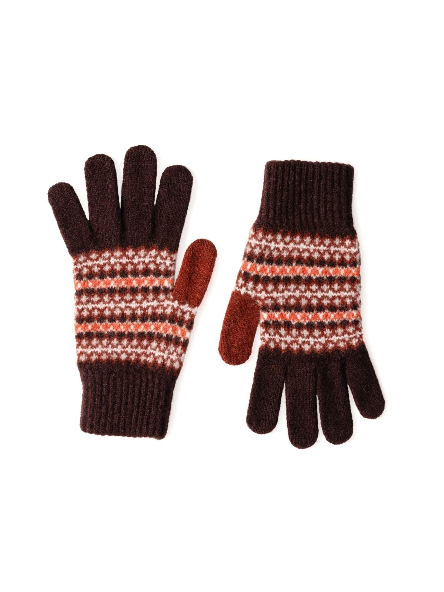 A pair of Campbell’s of Beauly Fairisle Gloves crafted from knitted lambswool in a bordeaux color, featuring a traditional Fairisle pattern with ribbed cuffs. Inspired by classic Scottish Borders designs, these gloves showcase striking red thumbs, while the remaining fingers and cuffs are finished in a deep, dark brown.