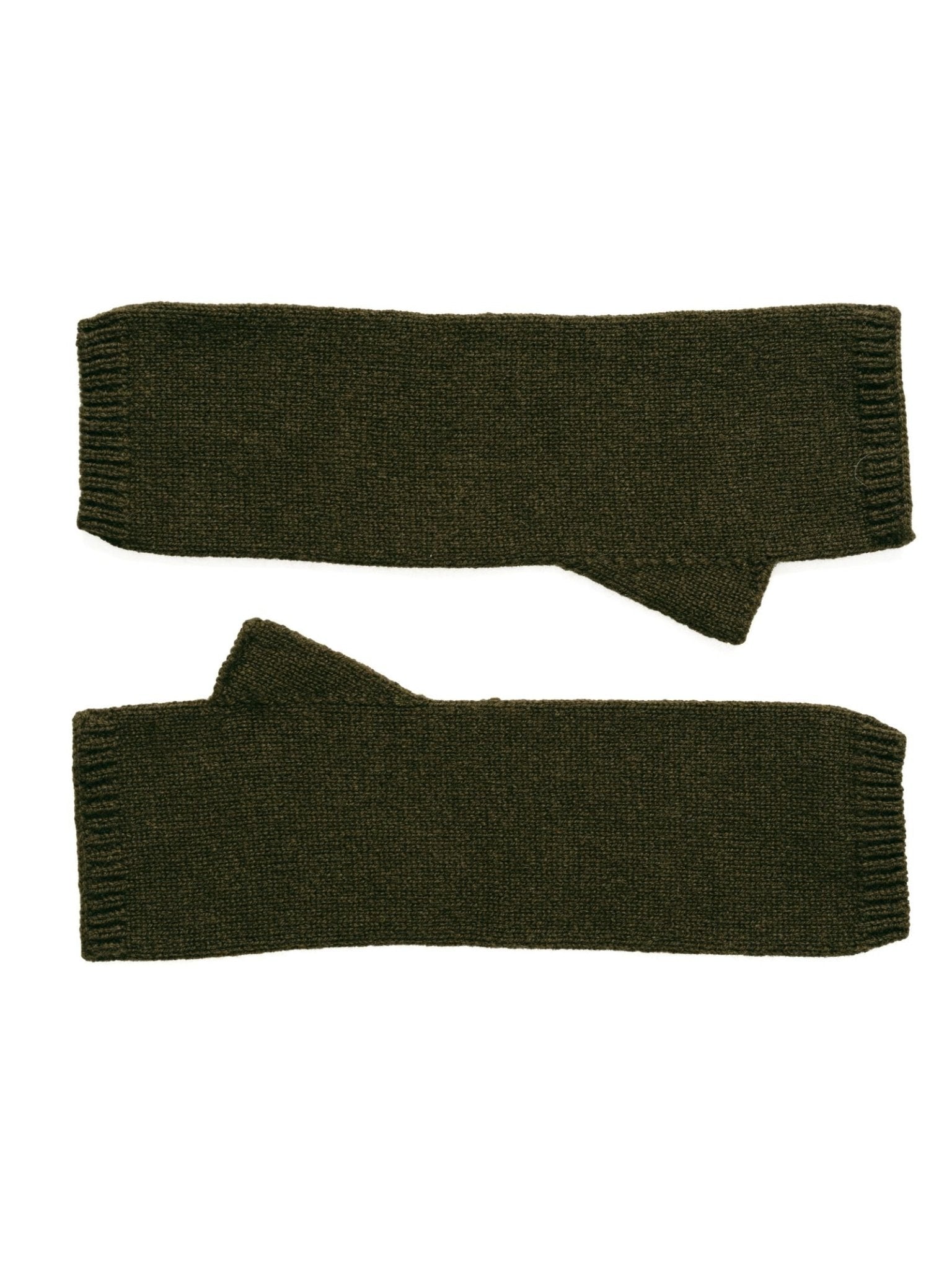 Campbell's of Beauly Cashmere Mittens in dark green, featuring ribbed cuffs and a fingerless design, are shown laid flat on a white background.