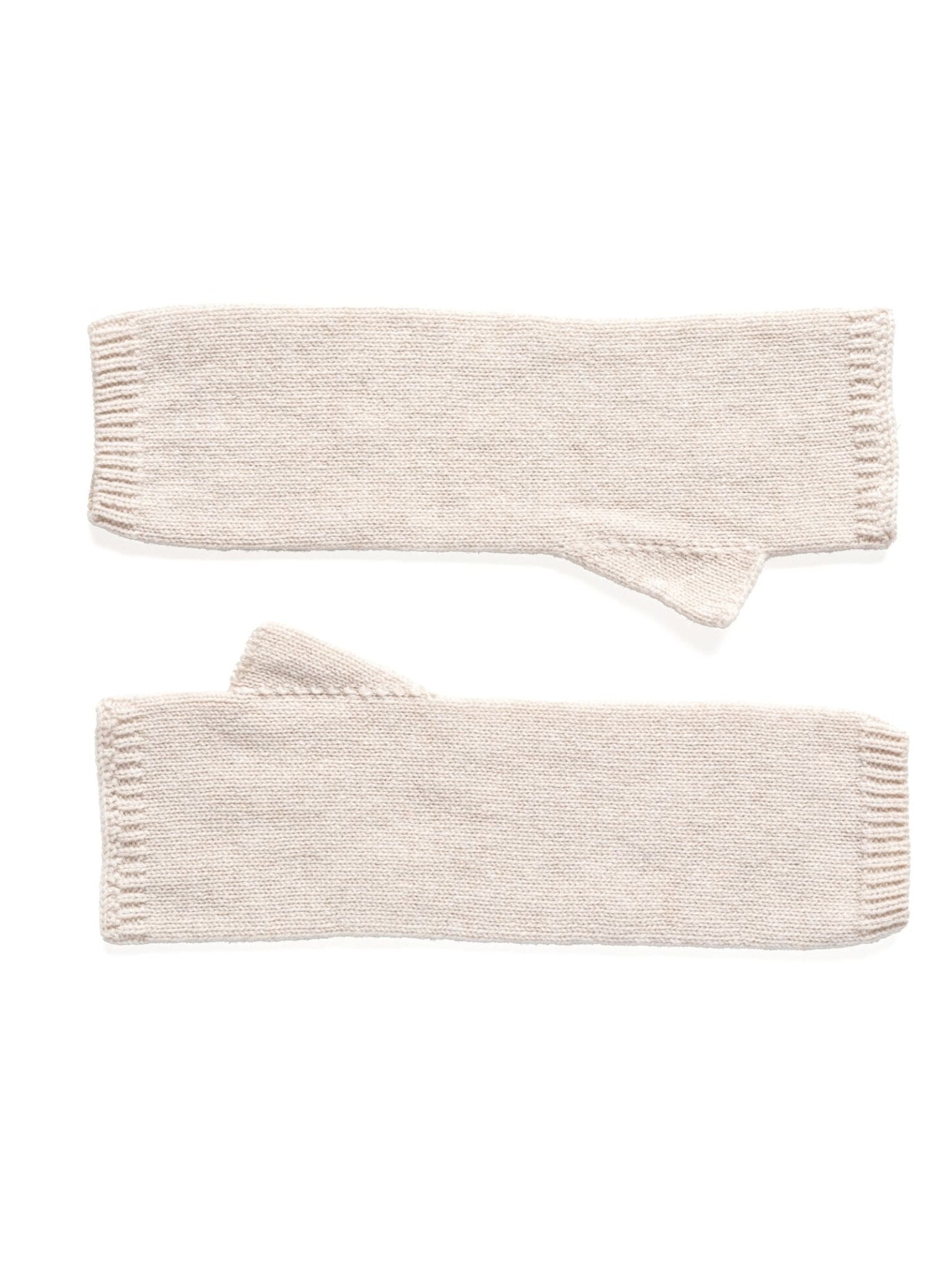Campbell's of Beauly Cashmere Mittens: beige knit fingerless gloves with thumb openings, inspired by classic Scottish style, displayed flat on a white background.