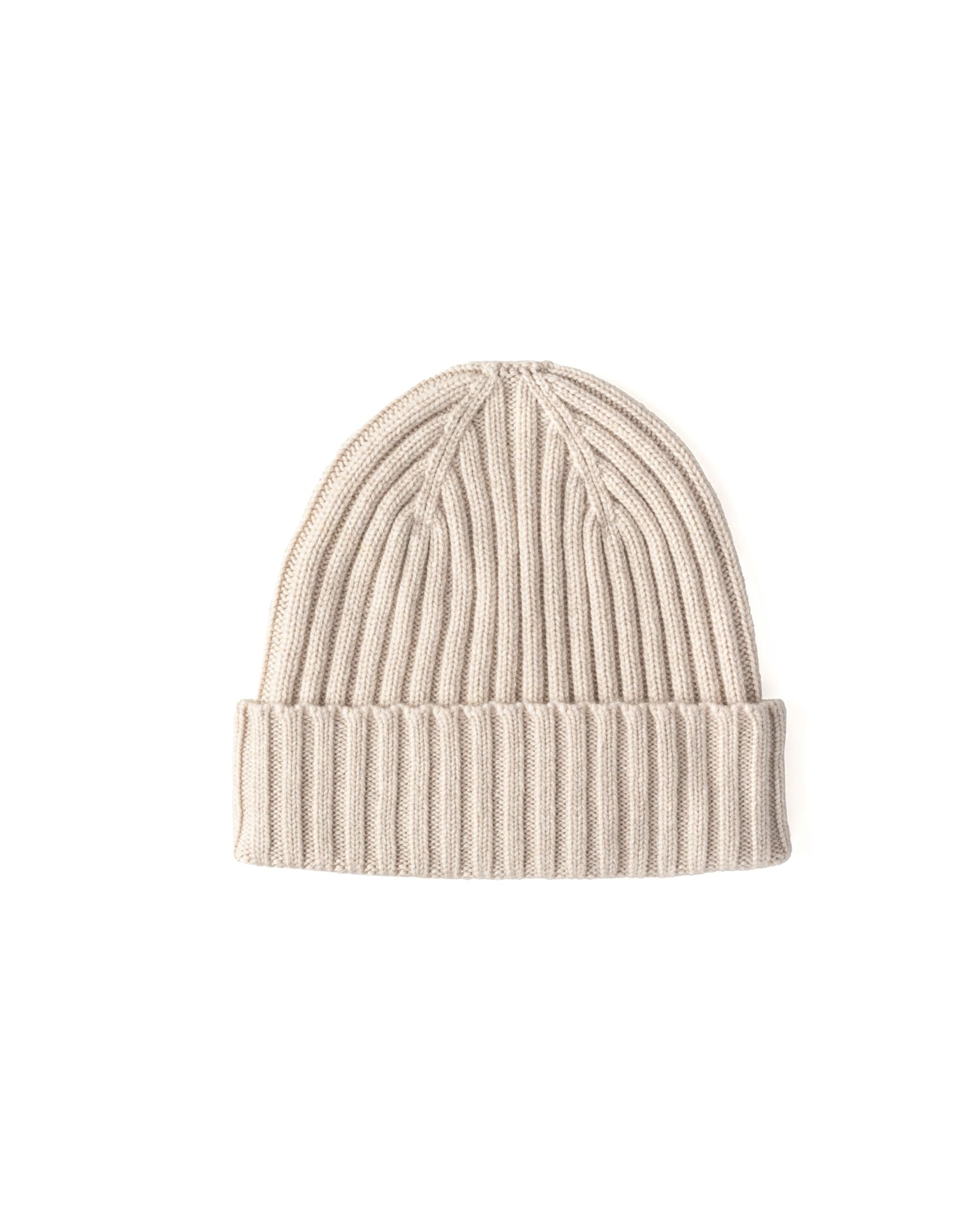 The Campbell's of Beauly Cashmere Rib Hat, in beige with a folded brim and ribbed texture, is shown against a plain white background.