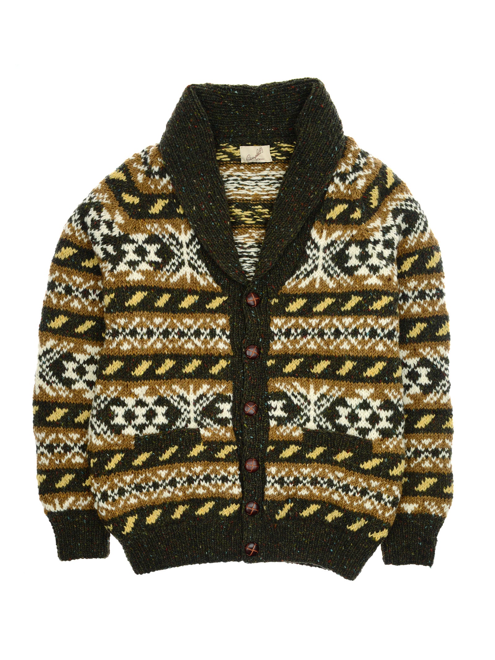 The Campbell’s of Beauly Hand Knit Fairisle Shawl Cardigan is a button-up, shawl collar cardigan adorned with a geometric Fair Isle pattern in earthy brown, yellow, olive, and cream tones. Reminiscent of classic hand-knitted wool cardigans, it features ribbed cuffs and hem for added comfort and style.