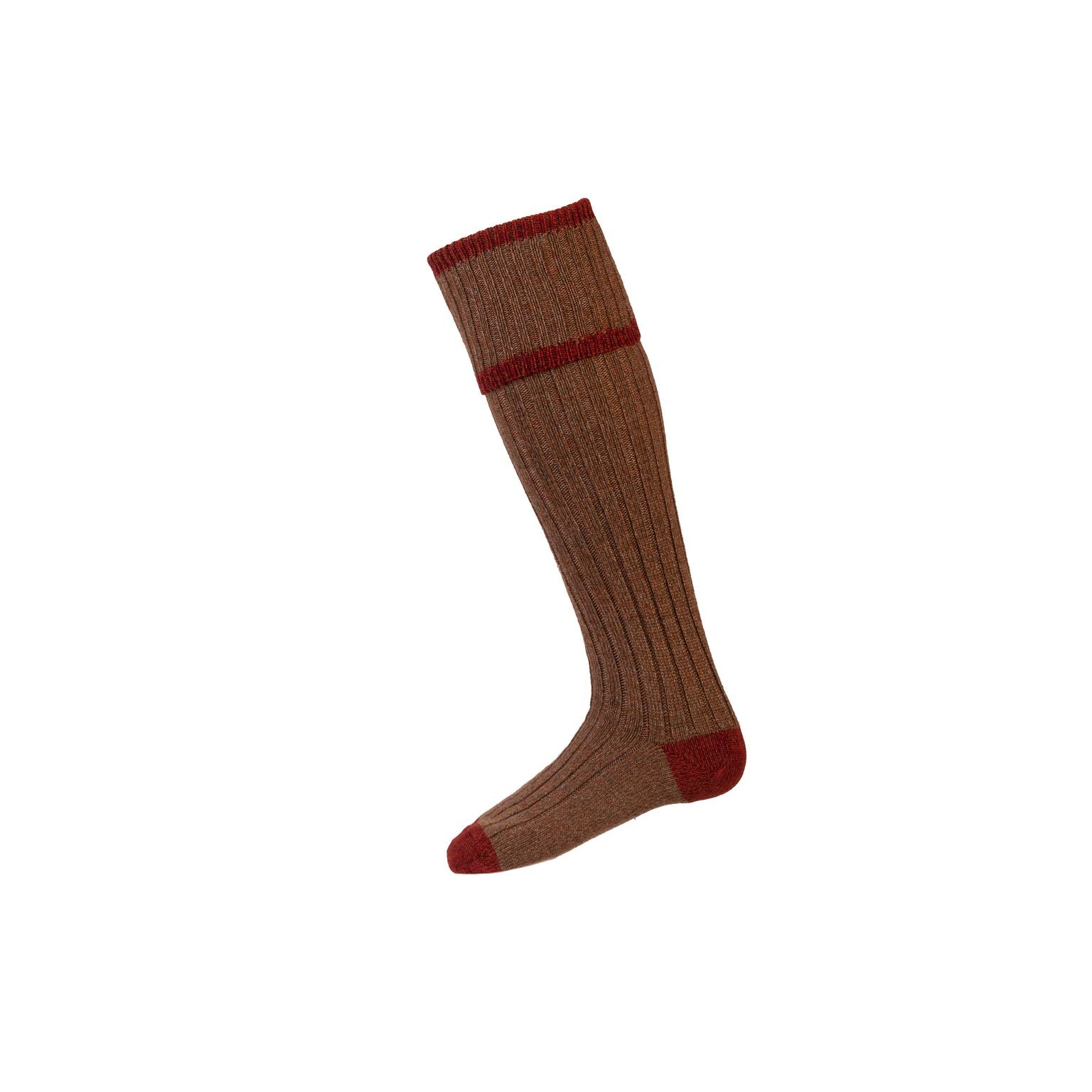 The Kyle Socks by Campbells of Beauly are hazelnut knee-highs with a ribbed texture, darker red accents at the top, heel, and toe, plus a reinforced foot. Made from soft merino wool and shown against a plain white background.