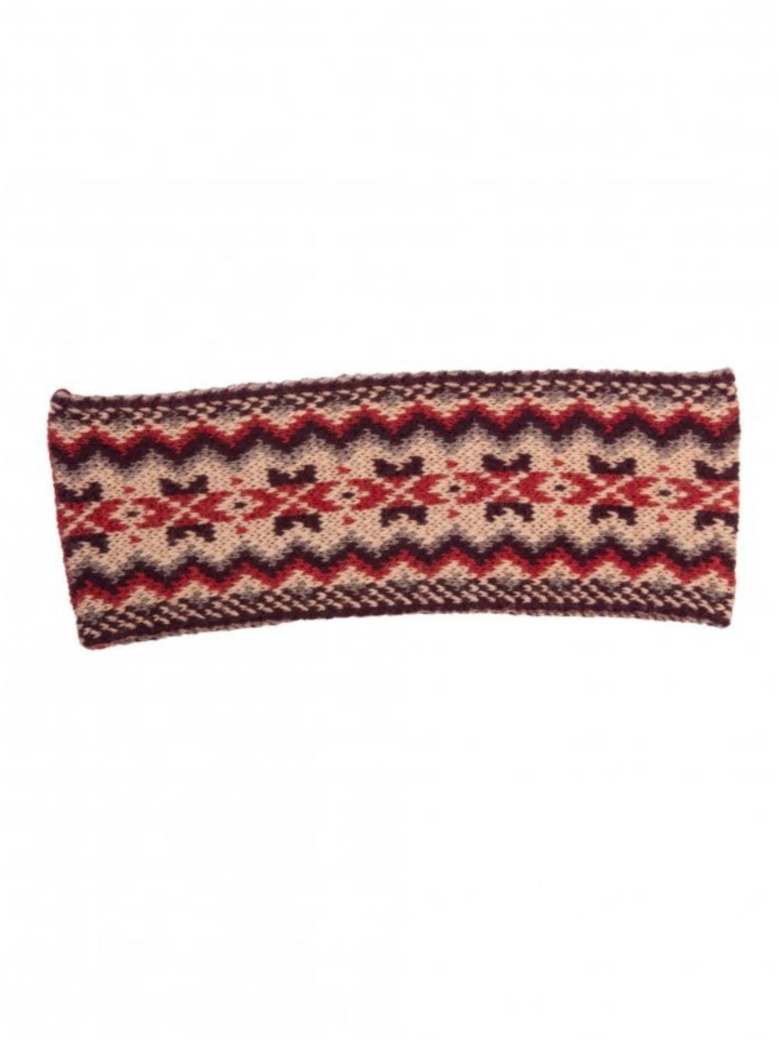 The Campbell's of Beauly Fairisle Headband is knitted from 100% wool with red, brown, and cream zigzag and star motifs on white—crafted in the Scottish Borders.