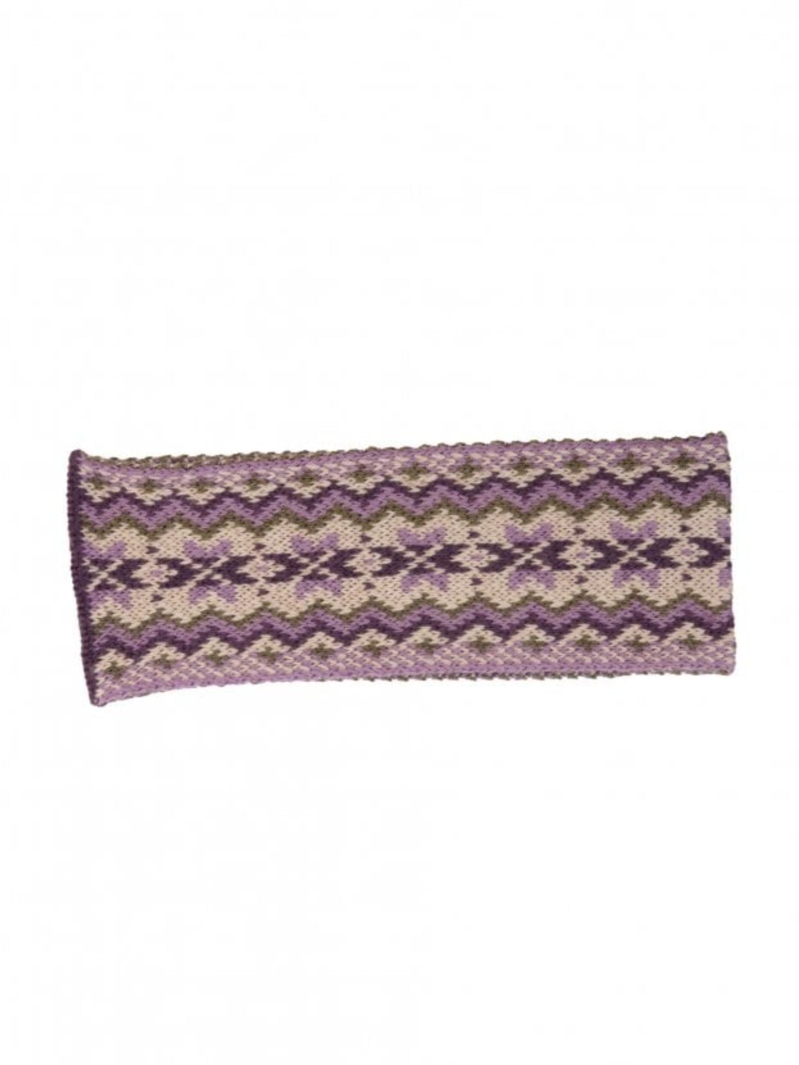 The Campbell's of Beauly Fairisle Headband is knitted from 100% wool in the Scottish Borders, showcasing a geometric zigzag pattern in purple, olive green, and beige on a white background.