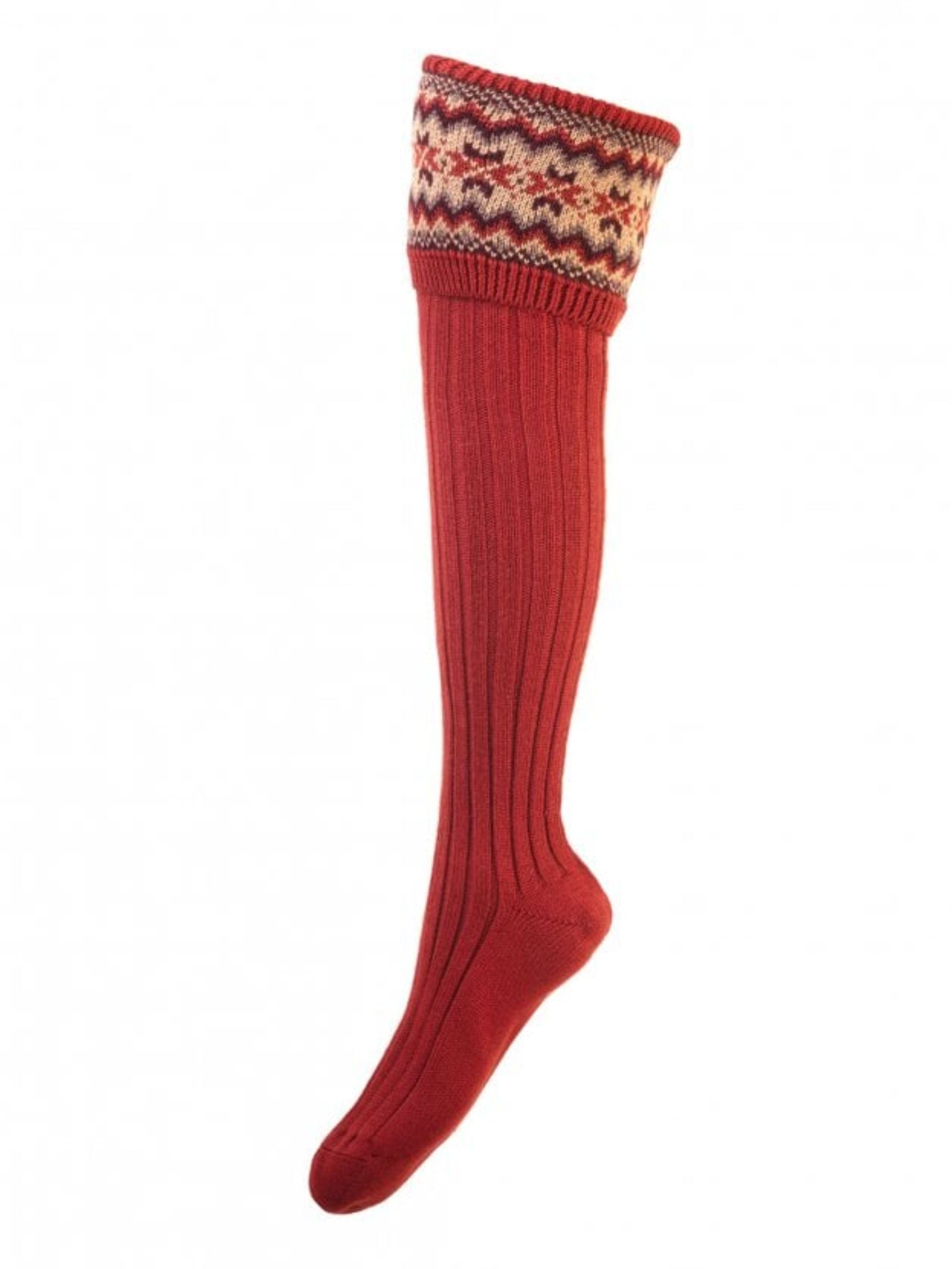 A single long red Merino Fairisle Shooting Sock by Campbell's of Beauly, with a ribbed texture and multicolored zigzag-patterned cuff, shown on a white background—a classic piece of Scottish knitwear tradition.