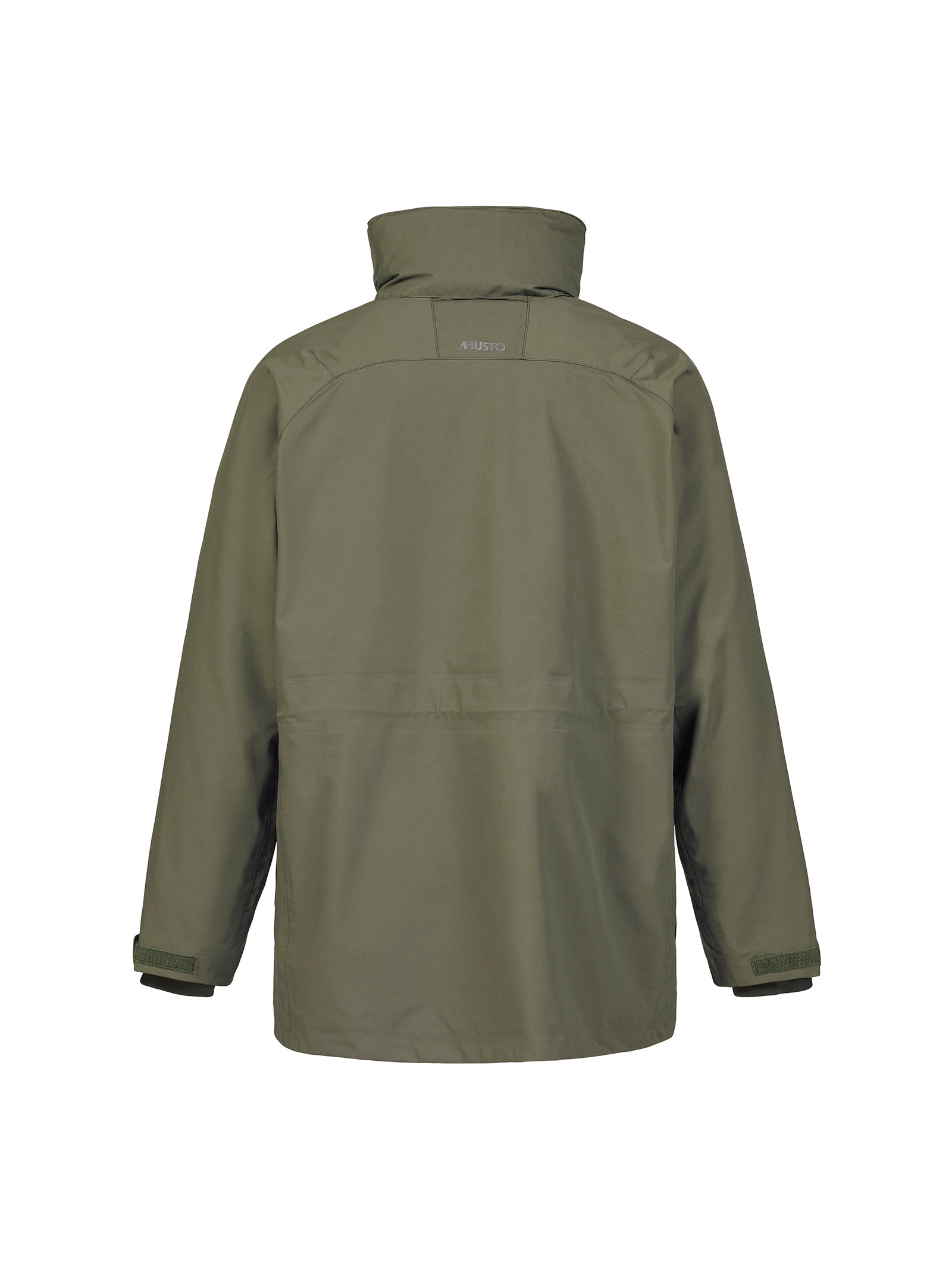 A back view of the olive green Musto Fenland Jacket 2.0 with long sleeves, adjustable cuffs, high collar, straight hem, a seam detail across the upper back, and a small embroidered logo near the collar.