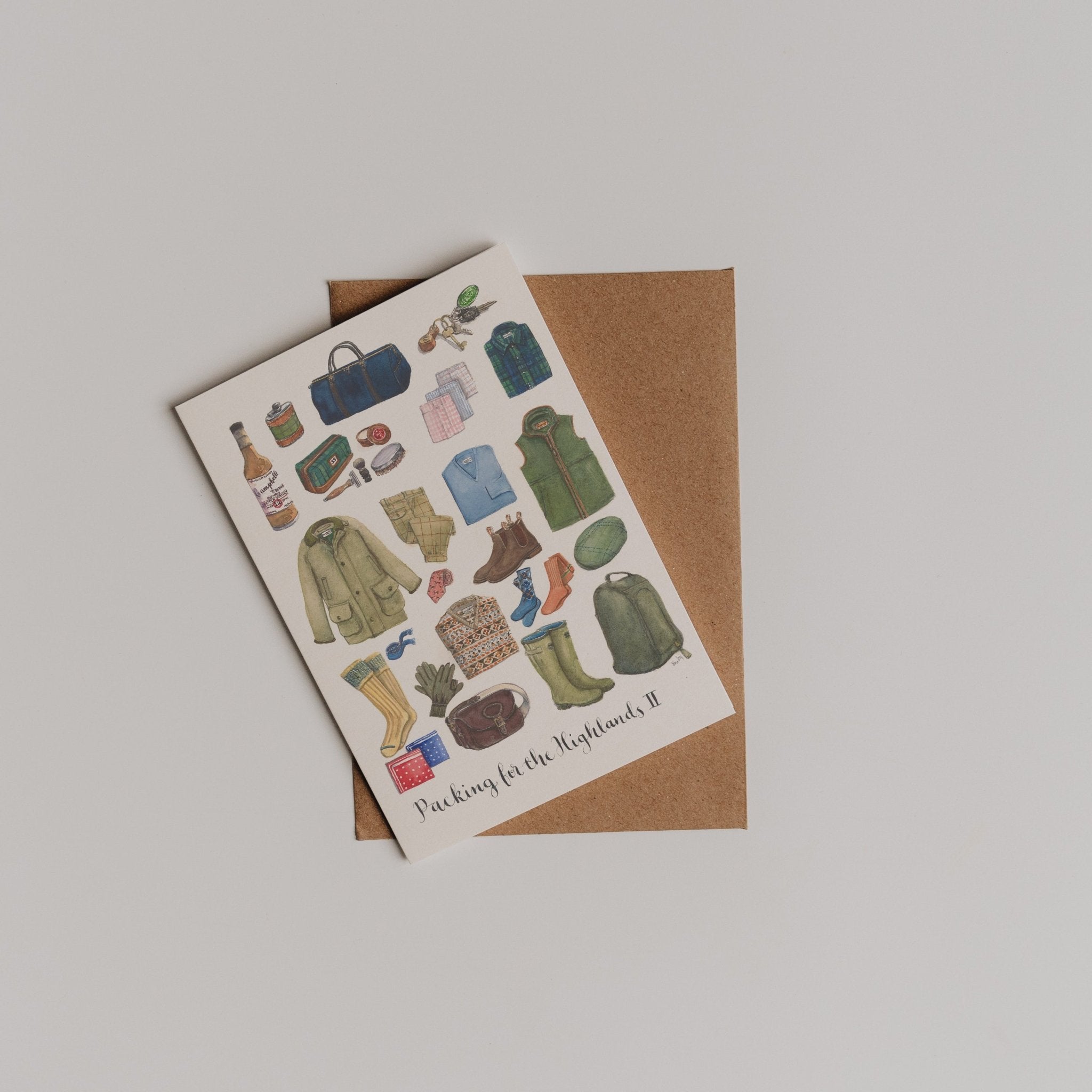 The Packing for the Highlands 2 Greeting Card by Campbell's of Beauly features illustrated packing items and comes with a plain brown envelope, displayed on a light background.