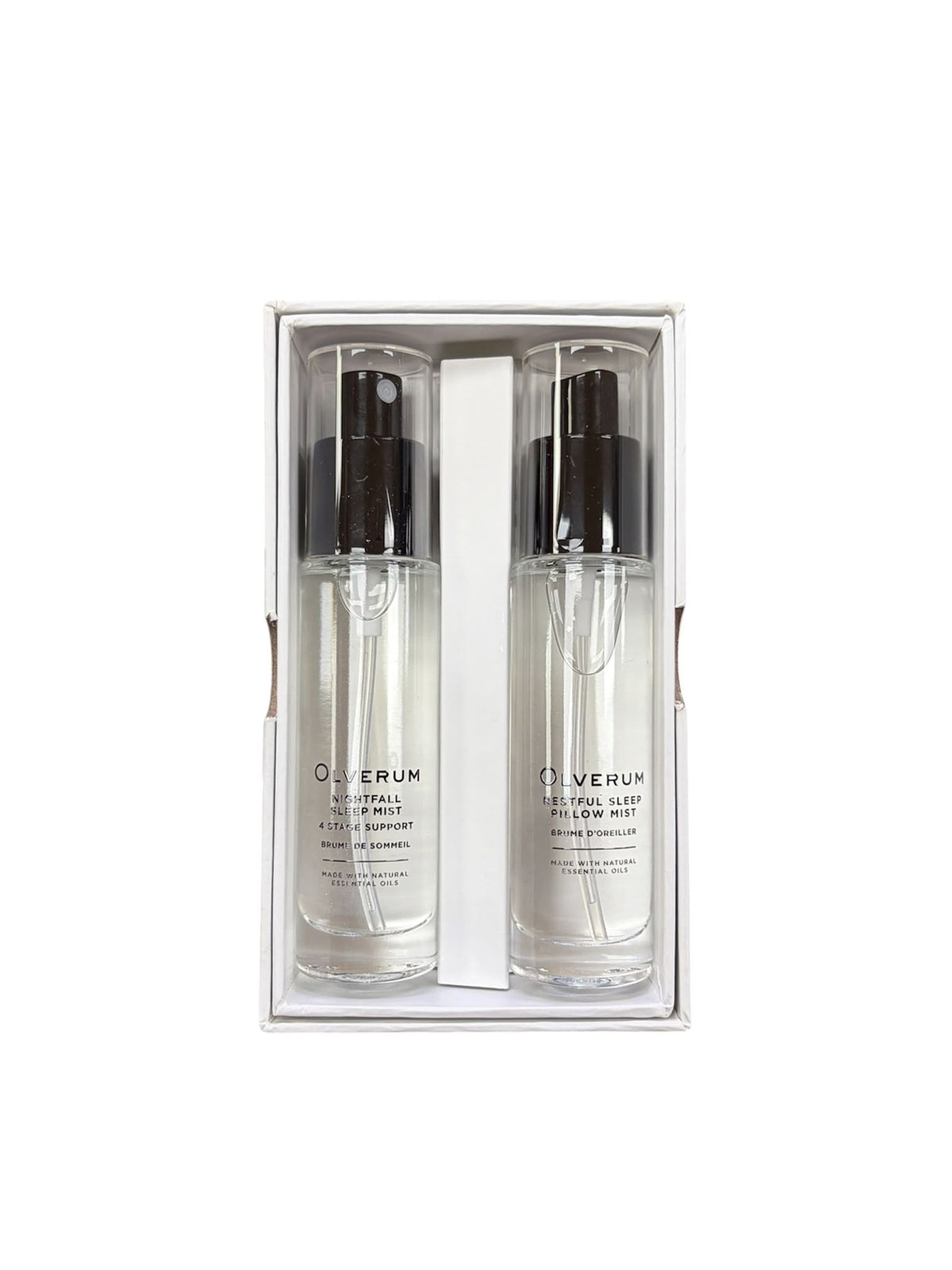 Olverum Pillow Mist Duo Set 30ml featuring two clear pillow mists in a white box, labeled Nightfall Sleep Mist and Restful Sleep Pillow Mist, formulated with essential oils for relaxation.