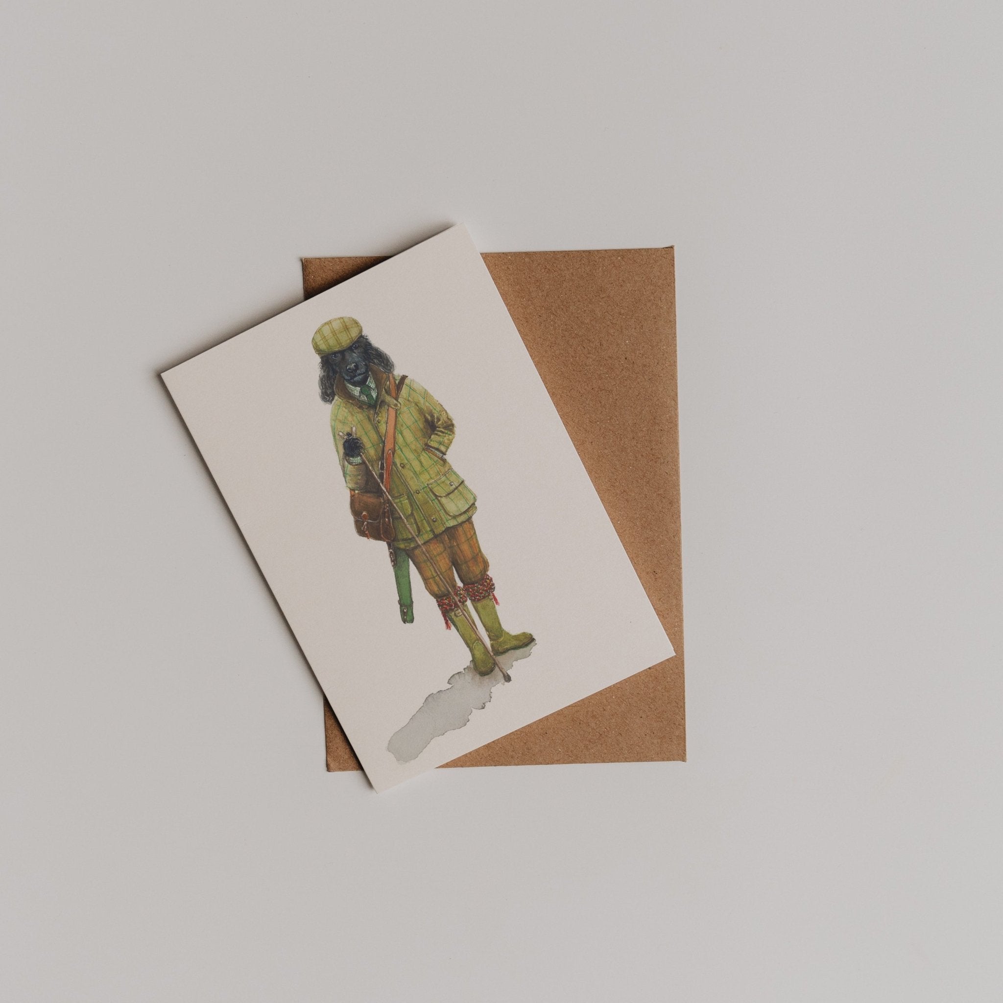 The Plus Fours Greeting Card by Campbell's of Beauly features a dog in vintage hunting clothes on a brown envelope, set against a plain light background—a charming thank you card design.
